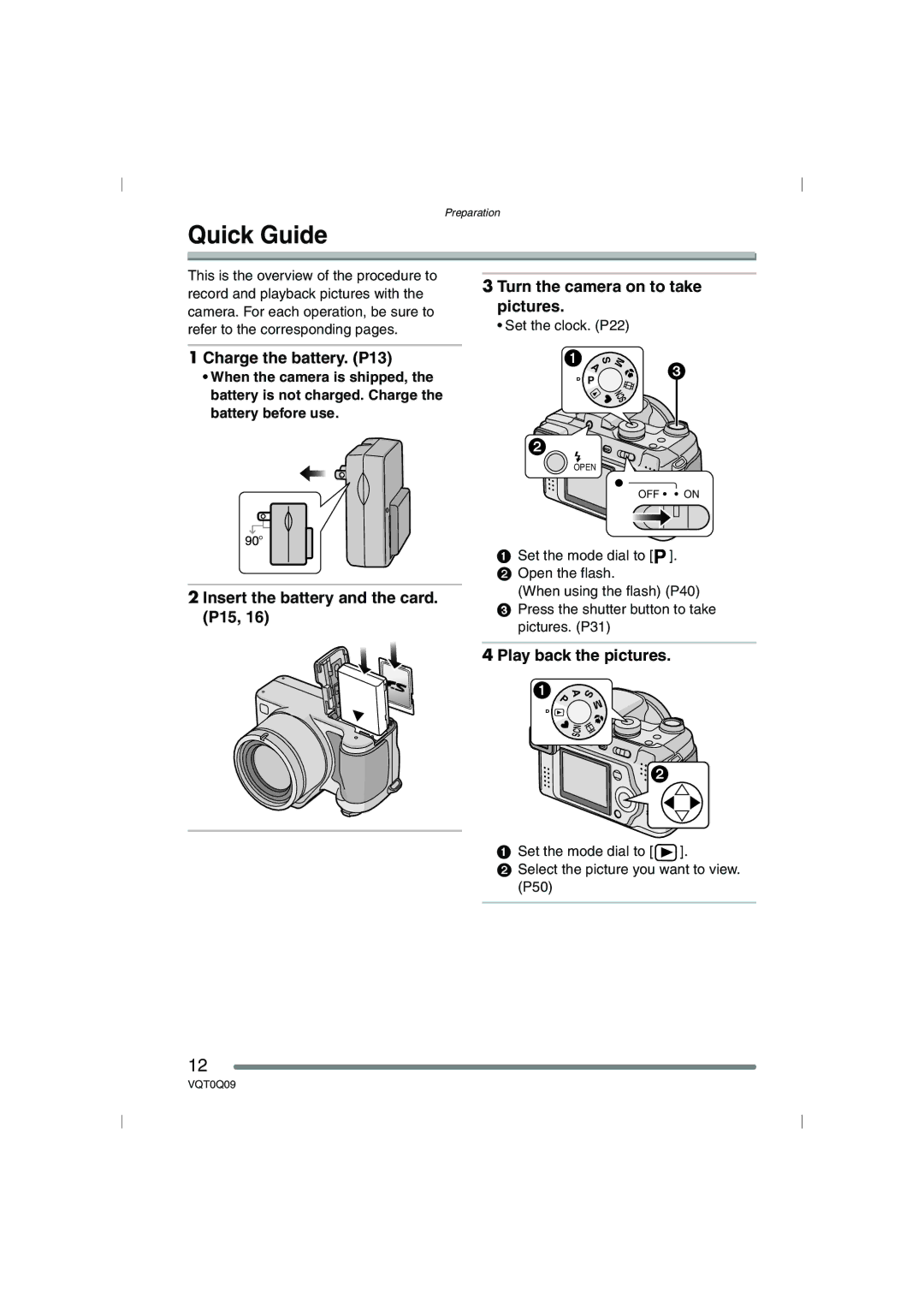 Panasonic DMC-FZ5PP, DMC-FZ4PP operating instructions Quick Guide, Charge the battery. P13, Play back the pictures 