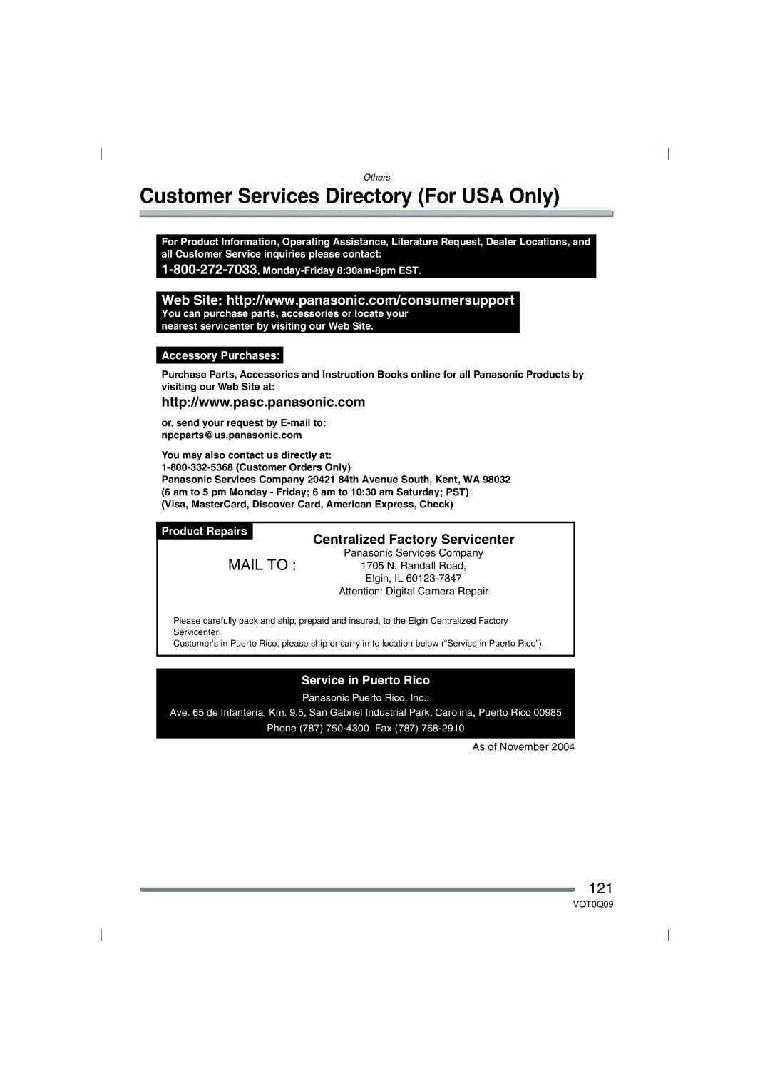 Panasonic DMC-FZ4PP, DMC-FZ5PP Customer Services Directory For USA Only, 121, Centralized Factory Servicenter 