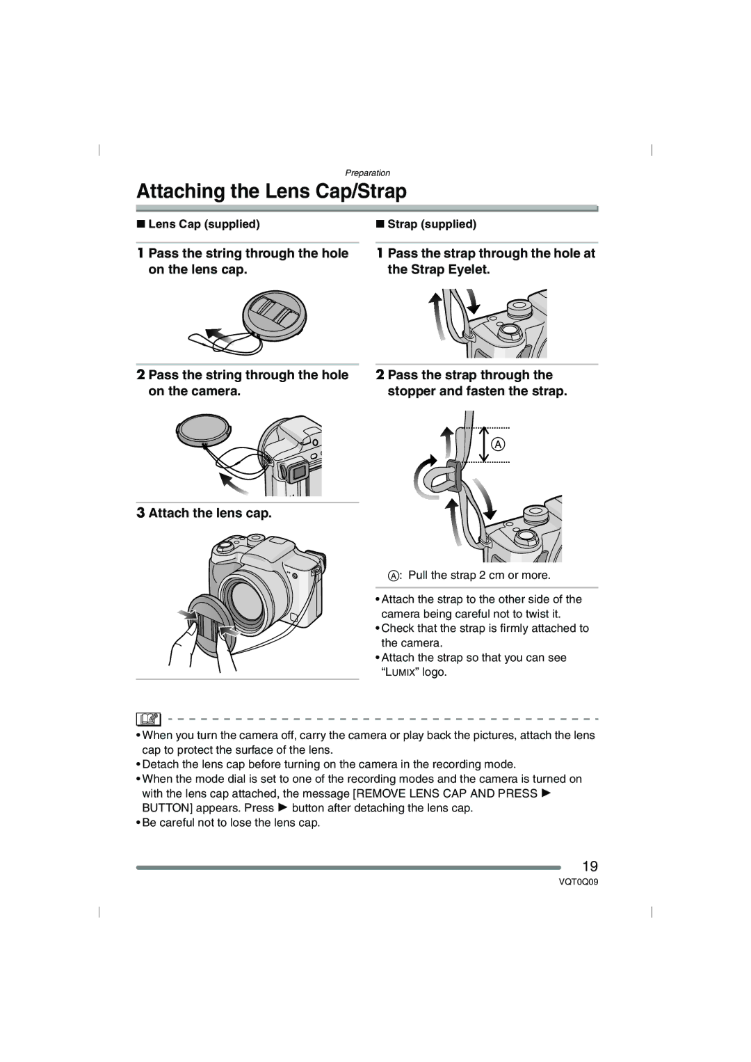 Panasonic DMC-FZ4PP Attaching the Lens Cap/Strap, Pass the string through the hole on the lens cap, Lens Cap supplied 