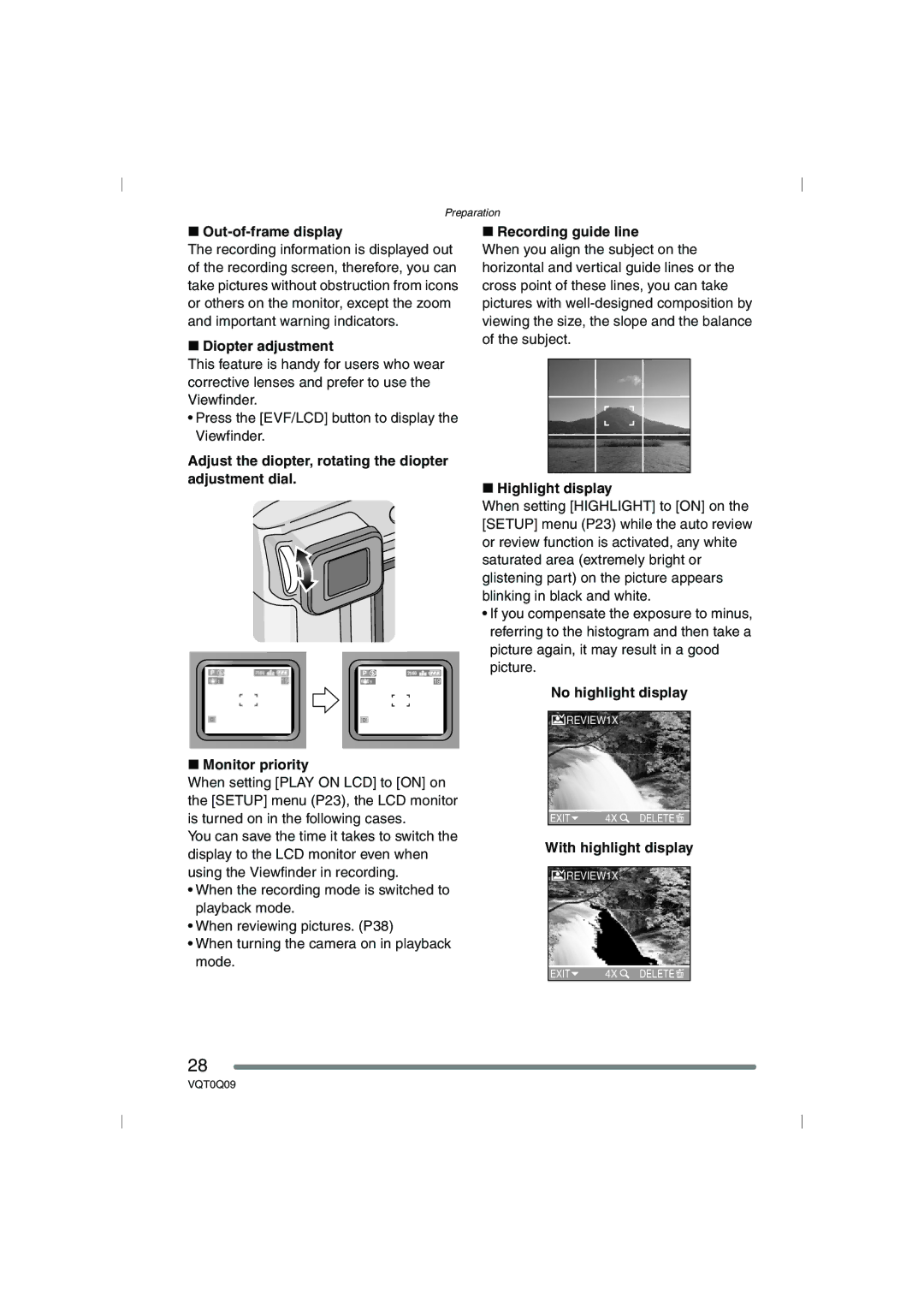 Panasonic DMC-FZ5PP Out-of-frame display, Diopter adjustment, Adjust the diopter, rotating the diopter adjustment dial 