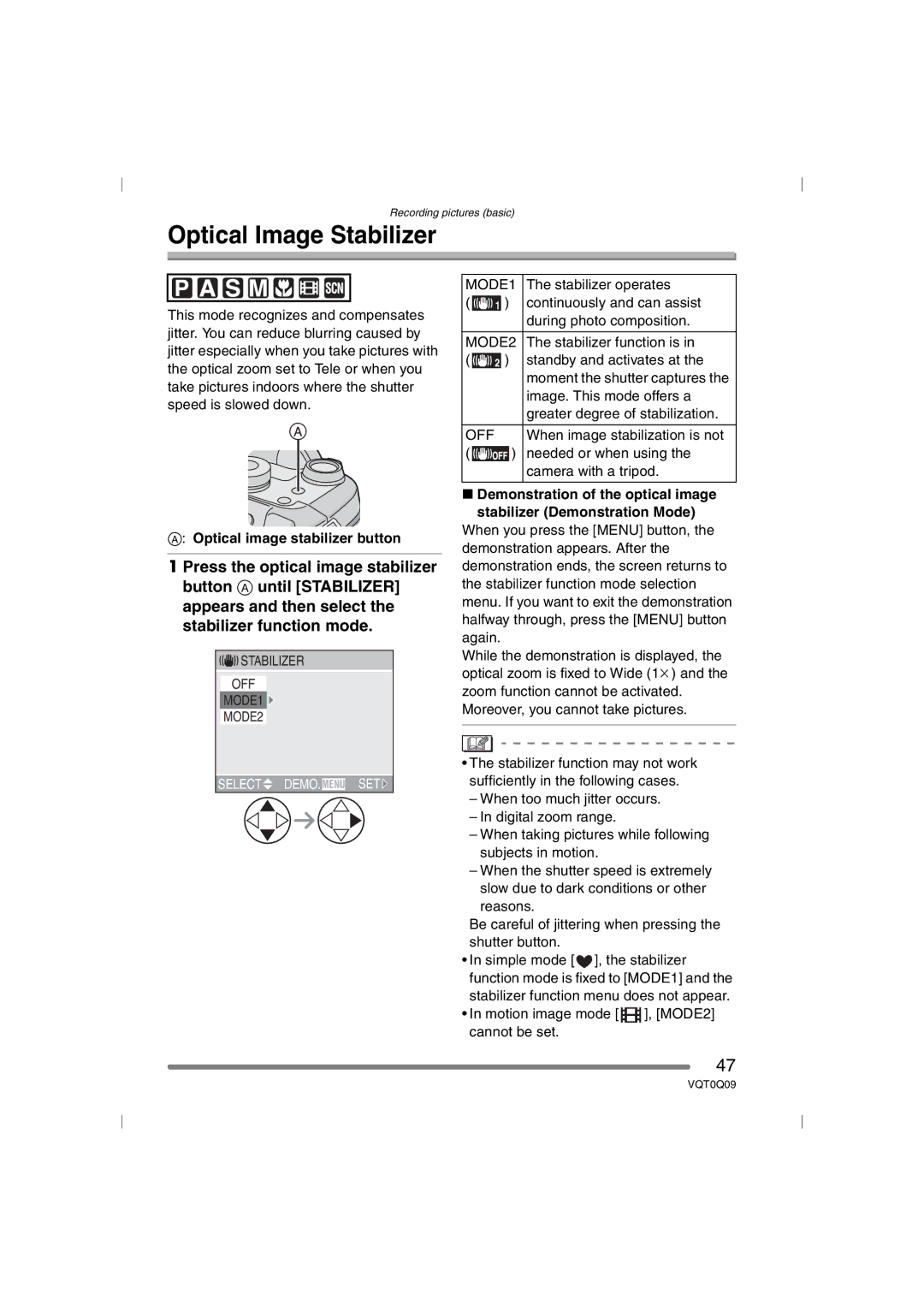 Panasonic DMC-FZ4PP, DMC-FZ5PP operating instructions Optical Image Stabilizer, Optical image stabilizer button, MODE2, Off 