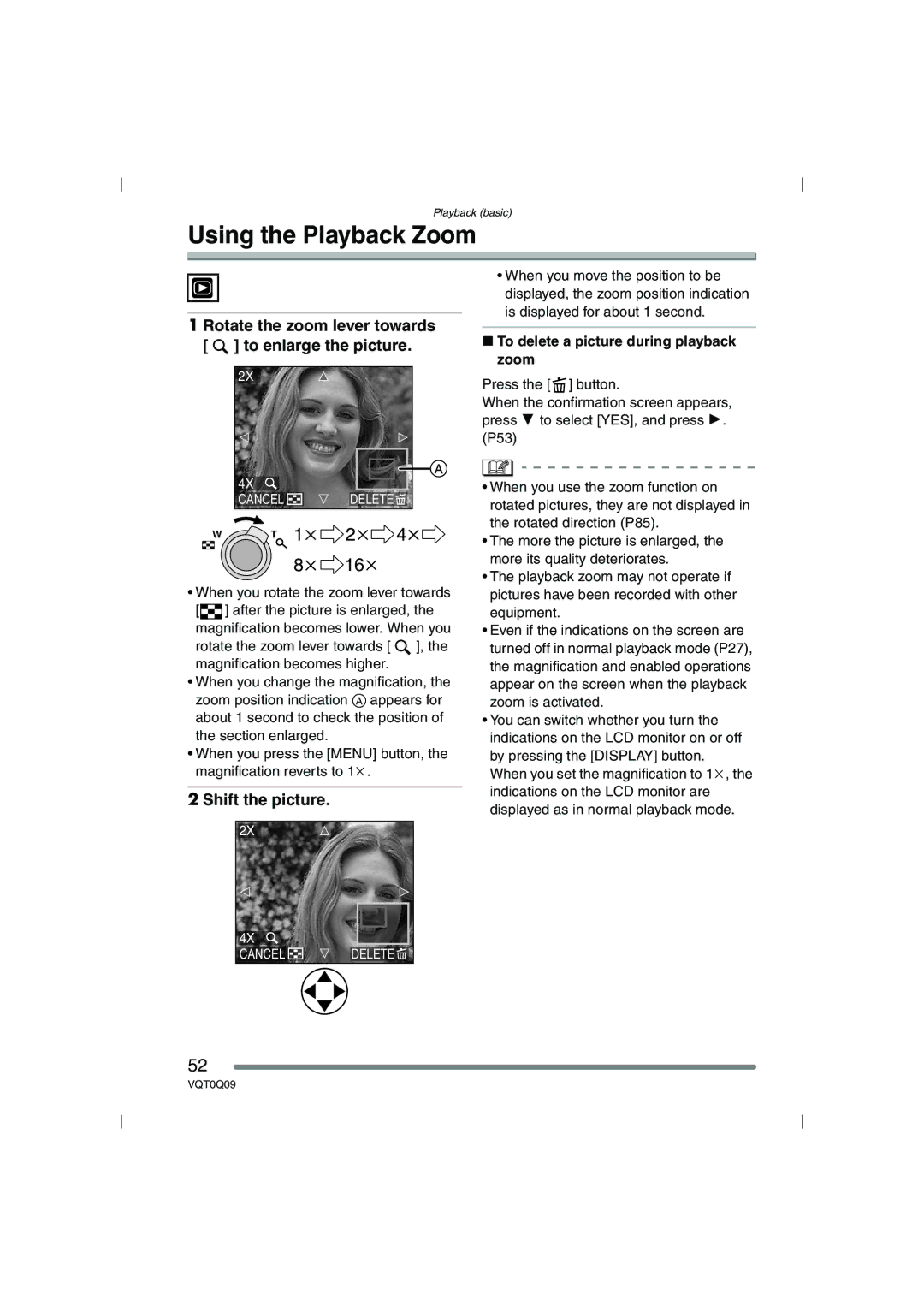 Panasonic DMC-FZ5PP Using the Playback Zoom, Rotate the zoom lever towards To enlarge the picture, Shift the picture 