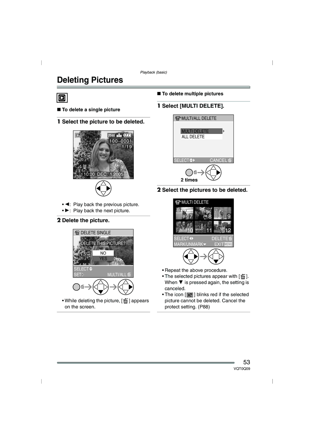 Panasonic DMC-FZ4PP Deleting Pictures, Select the picture to be deleted, Delete the picture, Select Multi Delete 