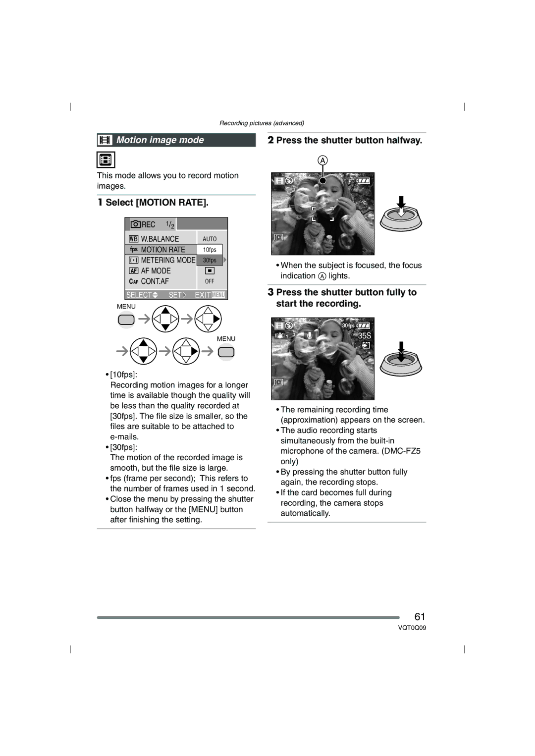 Panasonic DMC-FZ4PP Motion image mode, Select Motion Rate, Press the shutter button fully to start the recording 