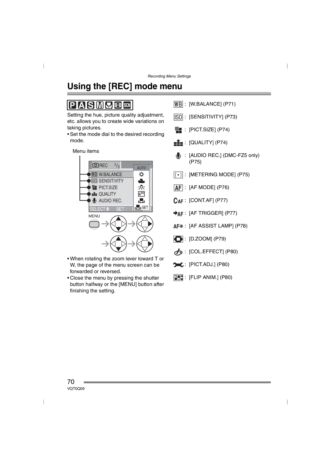 Panasonic DMC-FZ5PP, DMC-FZ4PP operating instructions Using the REC mode menu, Metering Mode P75 