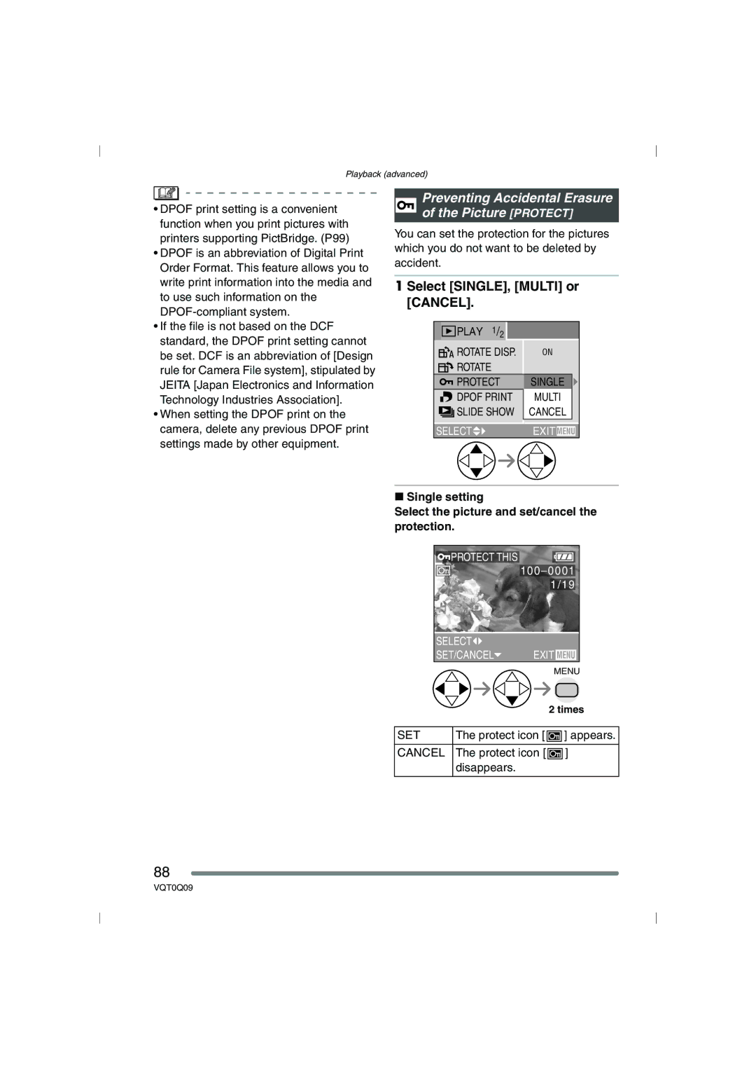 Panasonic DMC-FZ5PP, DMC-FZ4PP operating instructions Preventing Accidental Erasure of the Picture Protect, Set, Cancel 