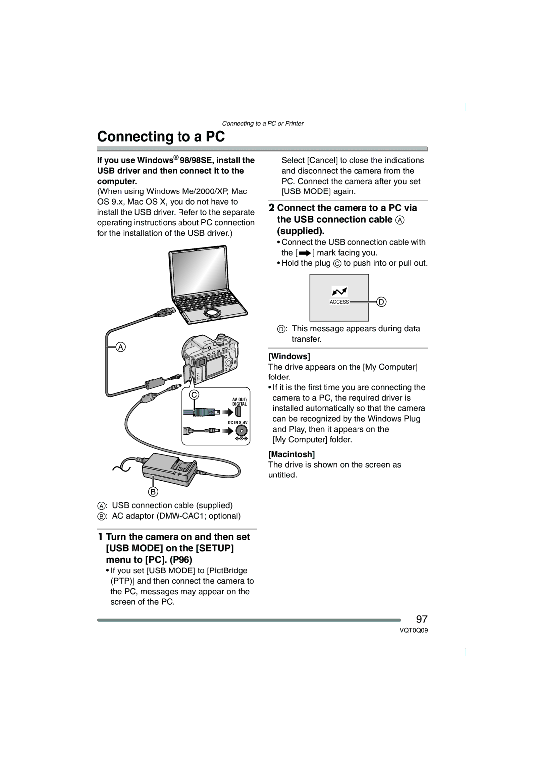 Panasonic DMC-FZ4PP, DMC-FZ5PP operating instructions Connecting to a PC, Windows, Macintosh 