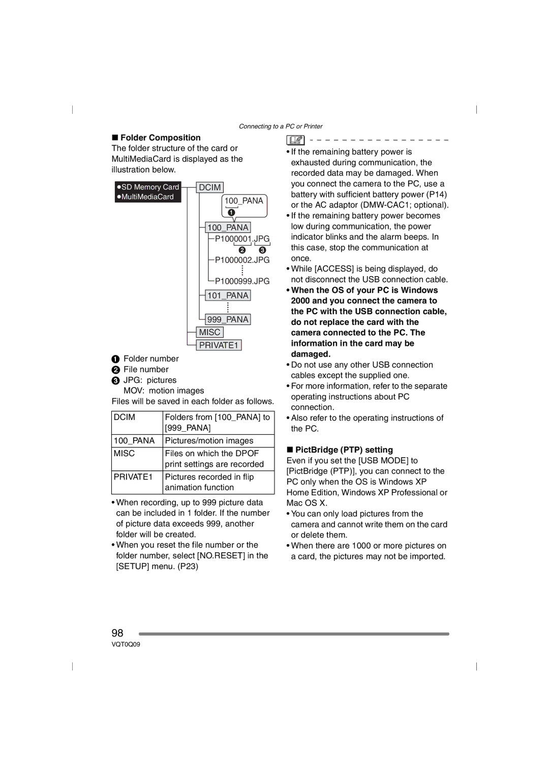 Panasonic DMC-FZ5PP, DMC-FZ4PP operating instructions Folder Composition, Dcim, Misc, PRIVATE1, PictBridge PTP setting 