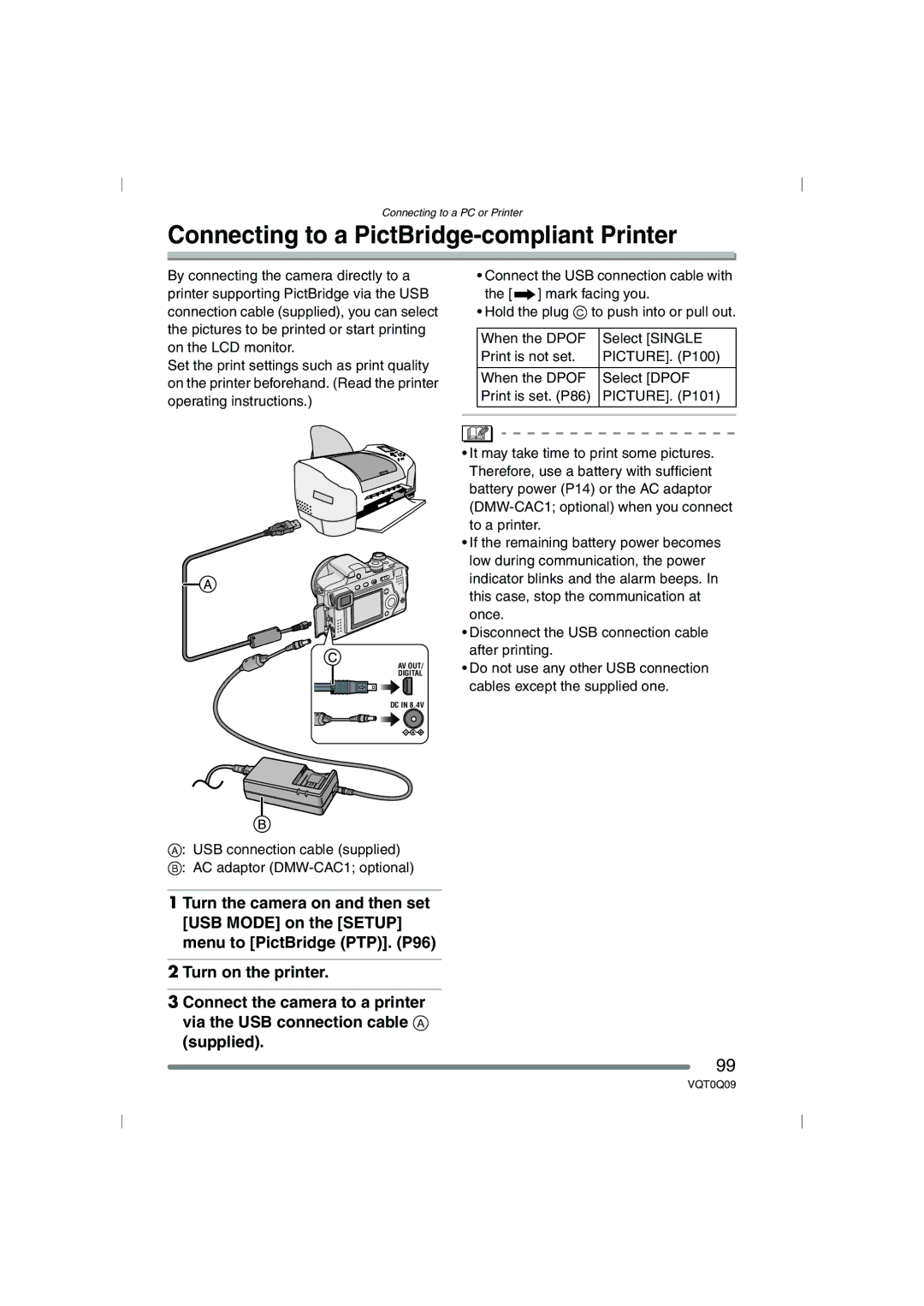 Panasonic DMC-FZ4PP, DMC-FZ5PP operating instructions Connecting to a PictBridge-compliant Printer 