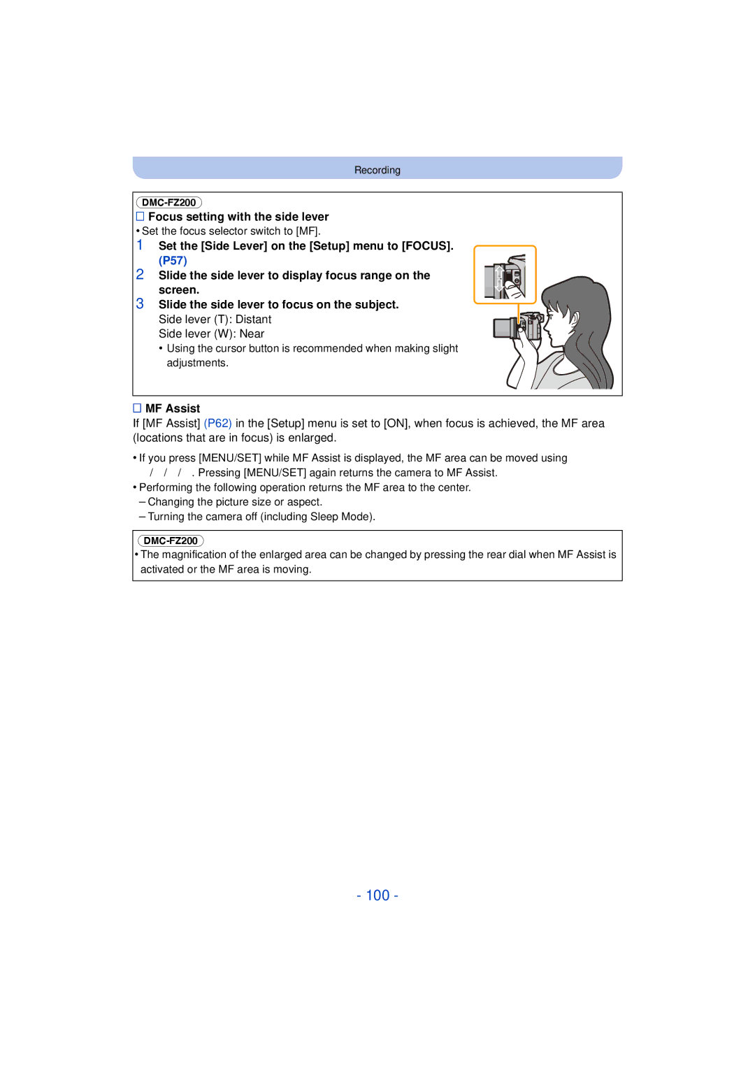 Panasonic DMC-FZ60 100, Focus setting with the side lever, Set the Side Lever on the Setup menu to Focus, MF Assist 