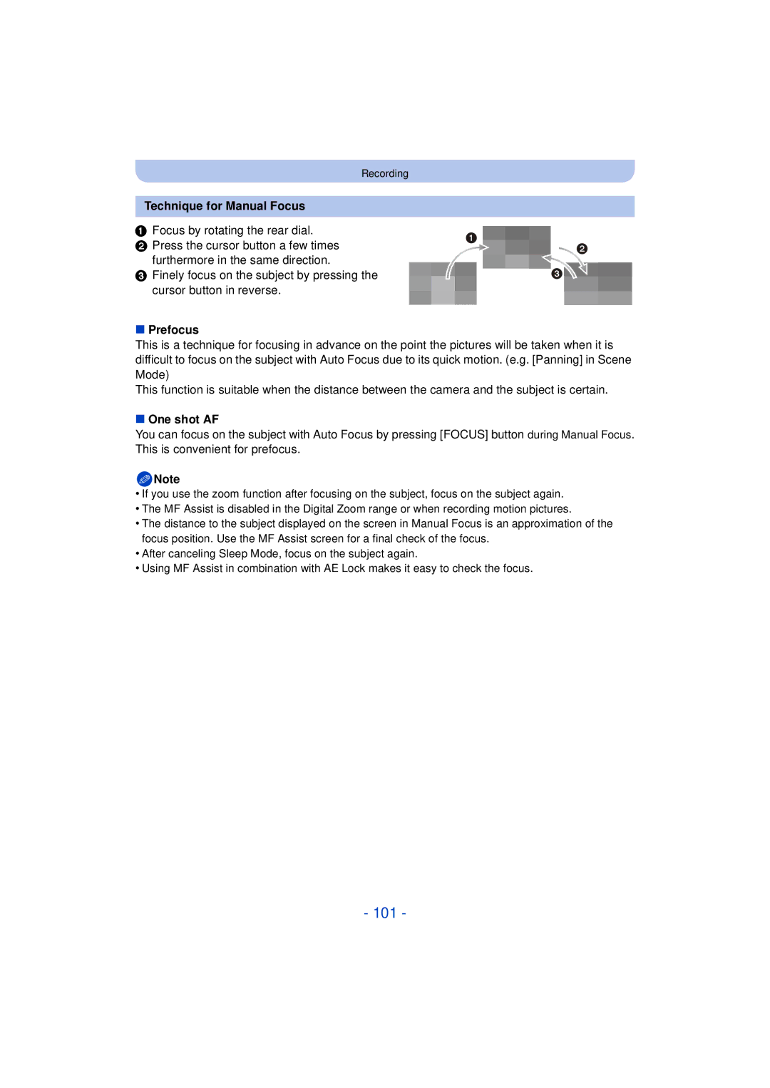 Panasonic DMC-FZ60K, DMC-FZ200K owner manual 101, Technique for Manual Focus, Prefocus, One shot AF 