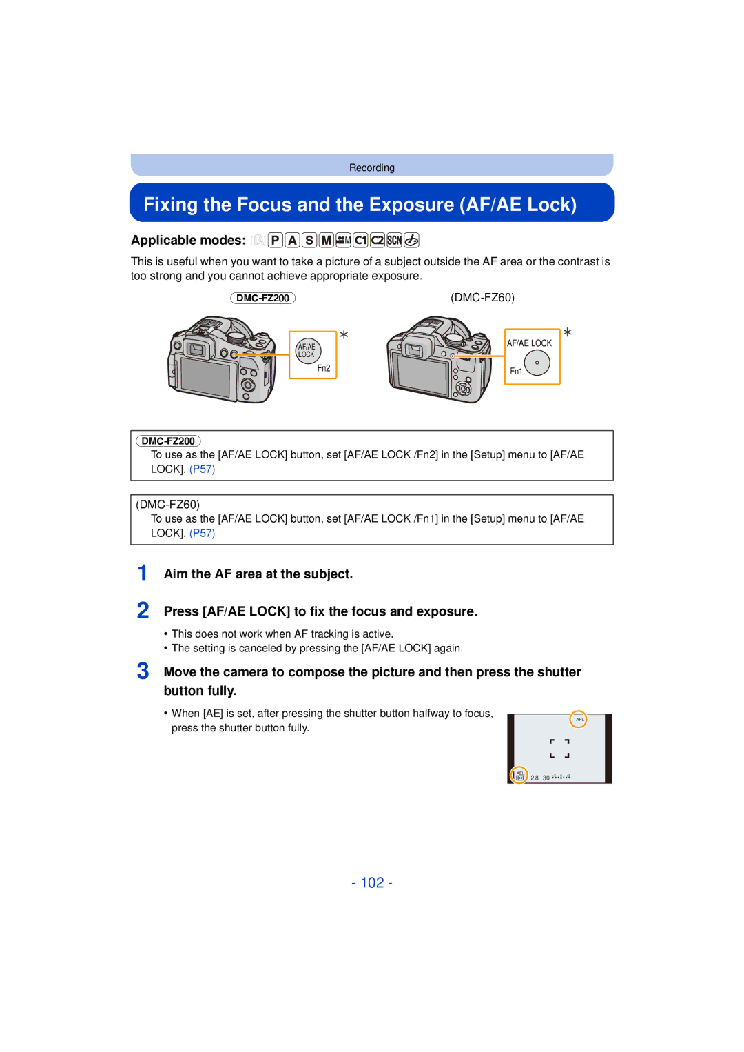 Panasonic DMC-FZ60K, DMC-FZ200K owner manual Fixing the Focus and the Exposure AF/AE Lock, 102 