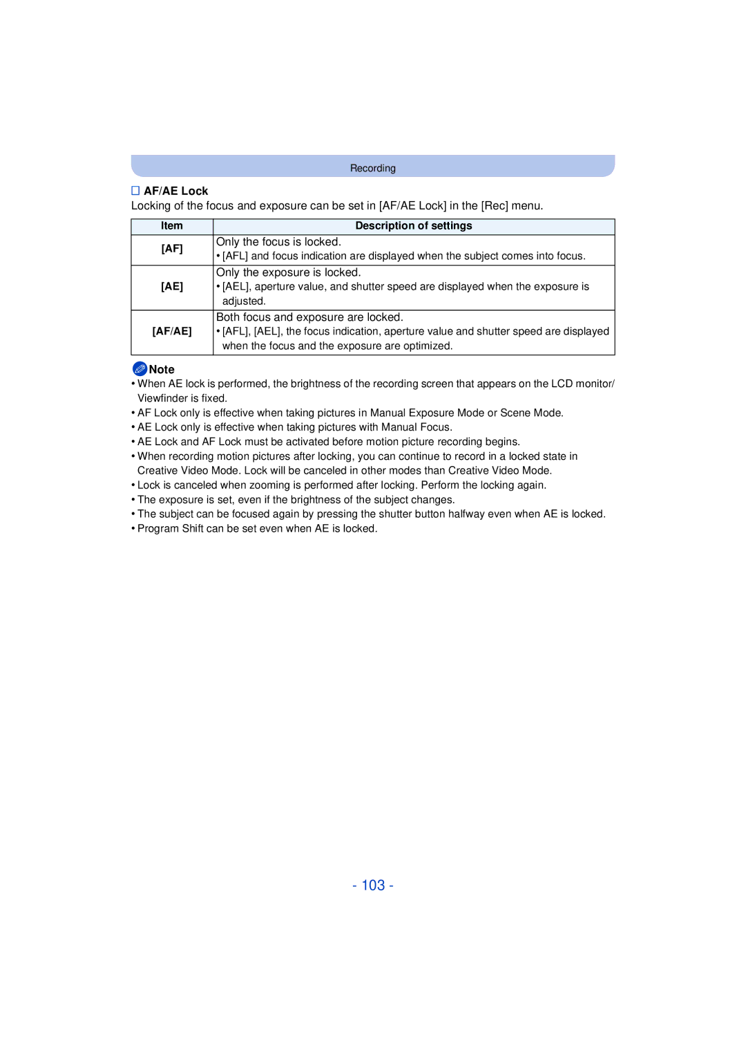 Panasonic DMC-FZ200K, DMC-FZ60K owner manual 103, AF/AE Lock, Only the focus is locked, Only the exposure is locked 