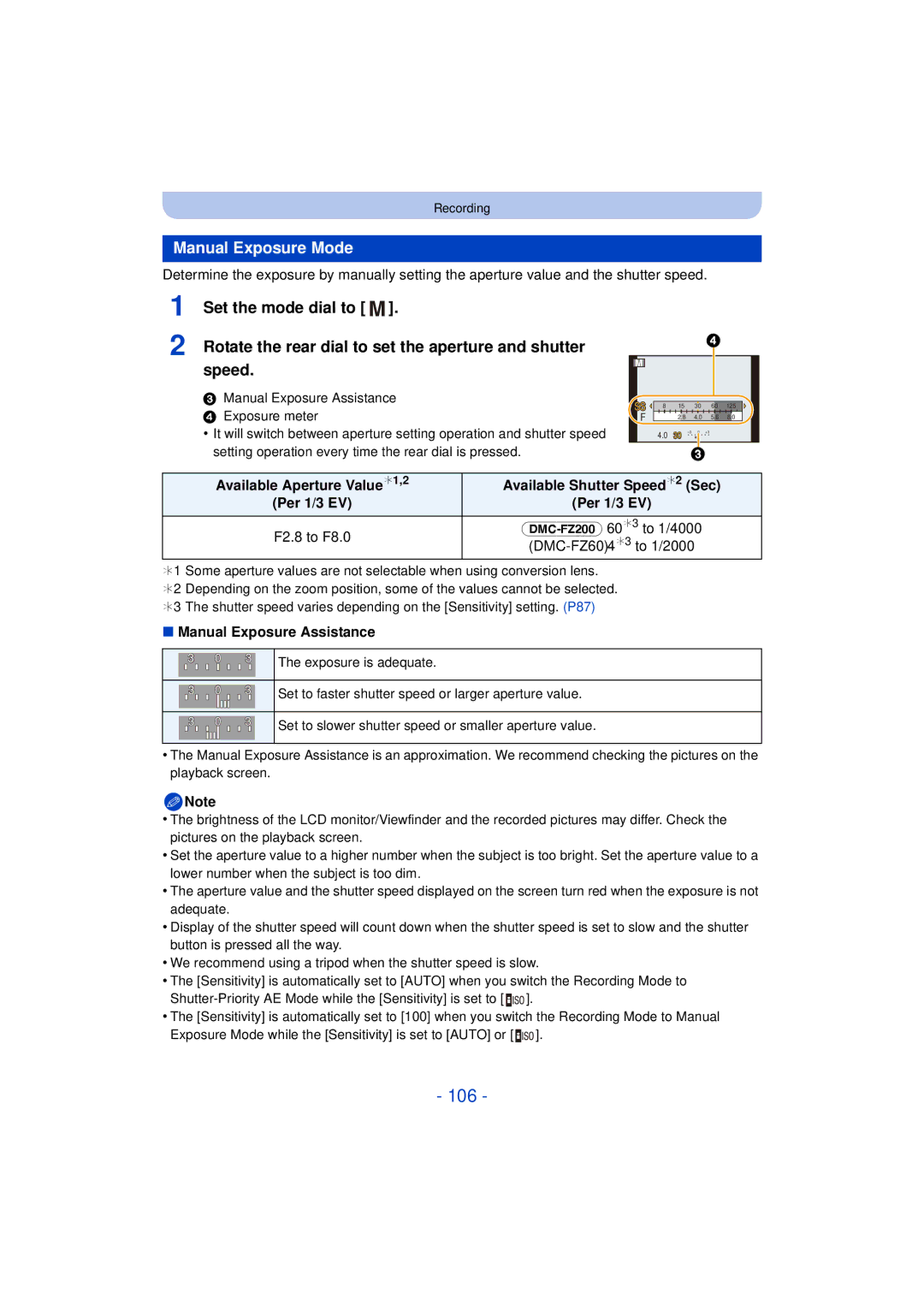 Panasonic DMC-FZ60K, DMC-FZ200 106, Manual Exposure Mode, Available Aperture Value¢1,2 Available Shutter Speed¢2 Sec 
