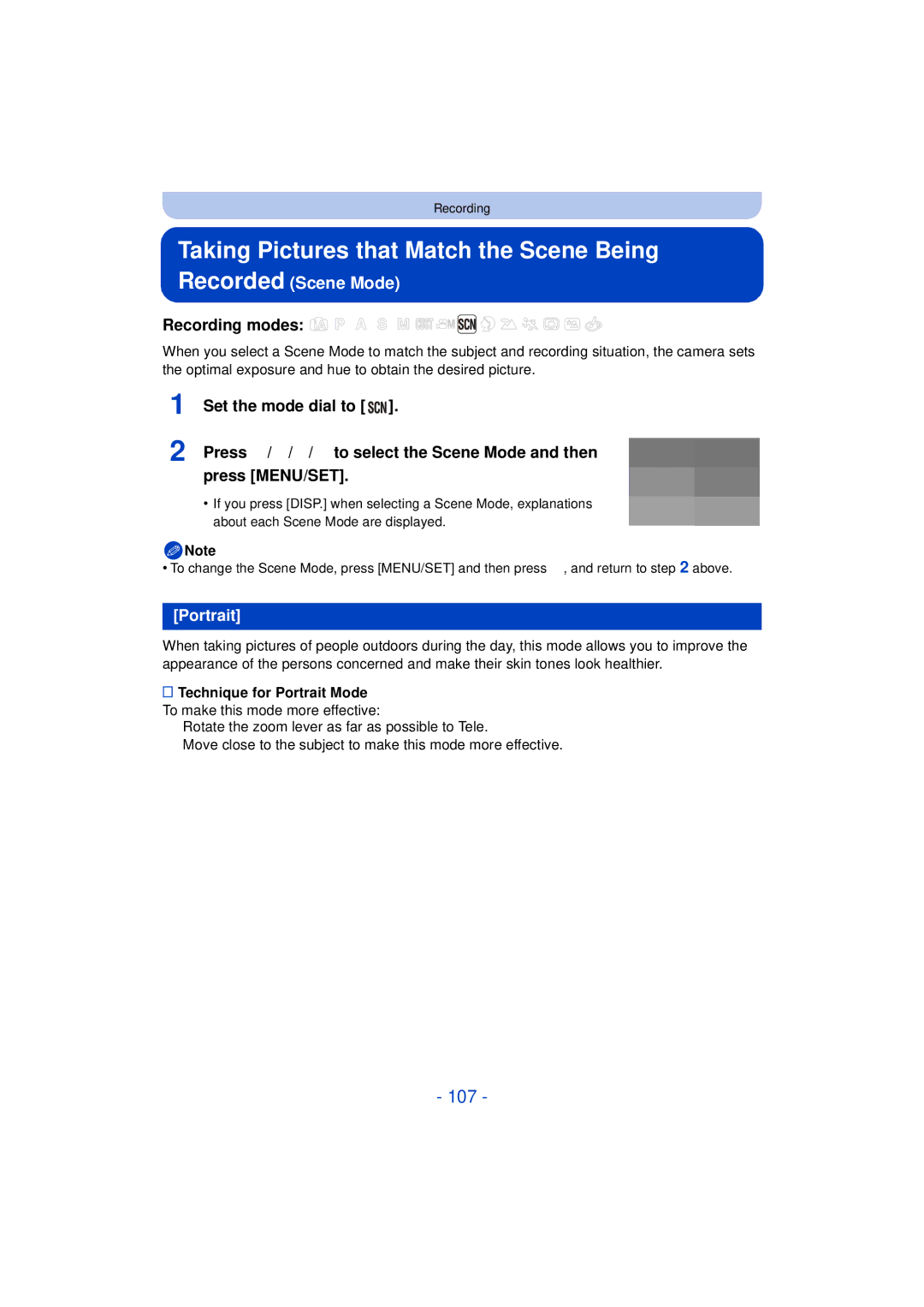 Panasonic DMC-FZ200K, DMC-FZ60K owner manual Taking Pictures that Match the Scene Being, 107, Recording modes, Portrait 