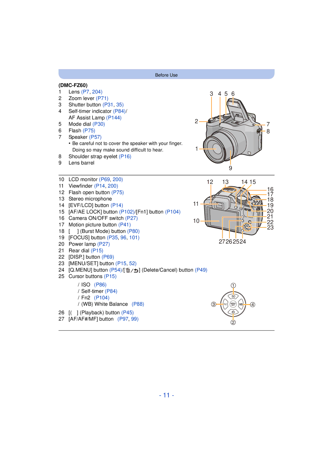 Panasonic DMC-FZ200K, DMC-FZ60K owner manual 2726, Playback button P45 AF/AF#/MF button P97 