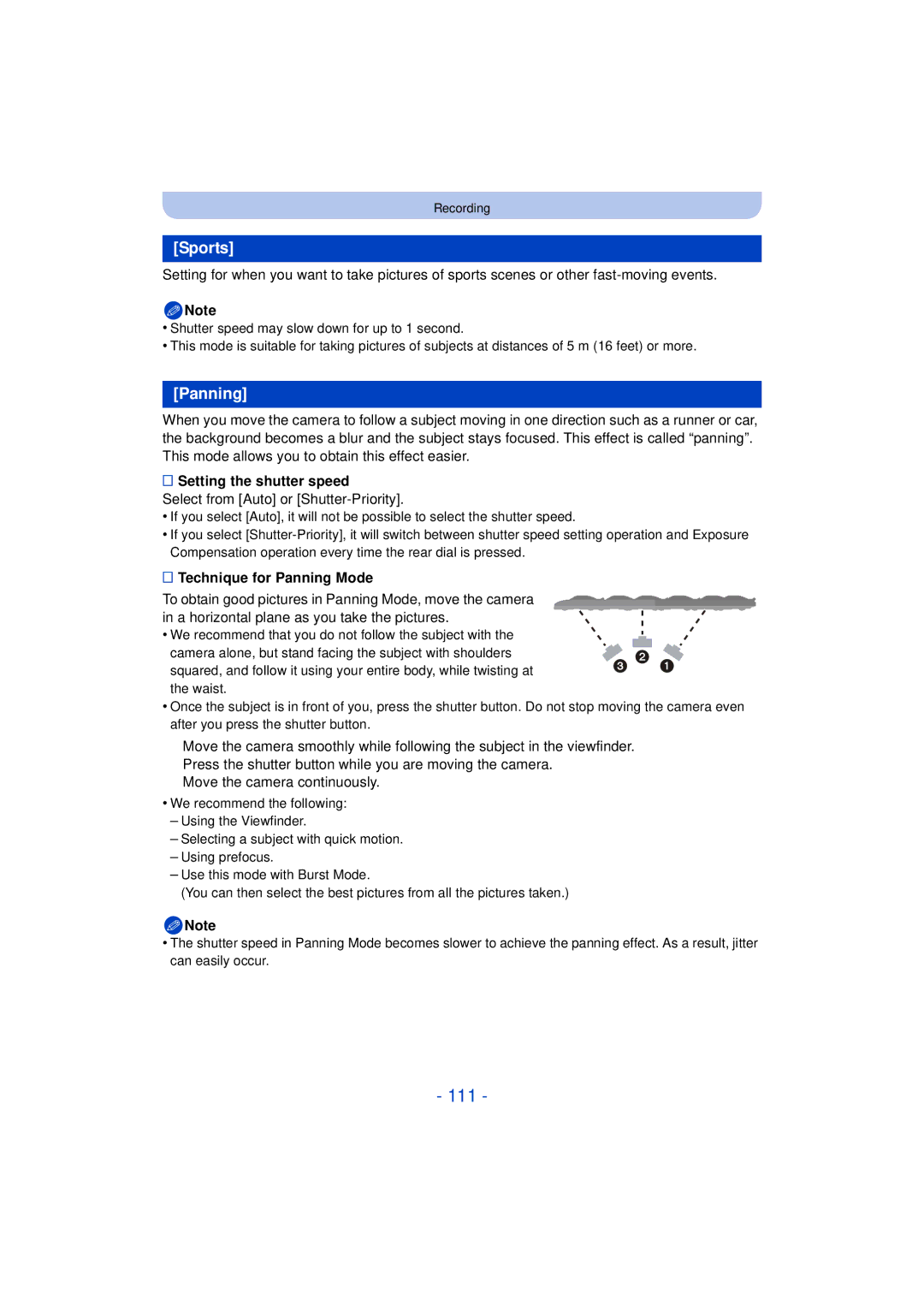 Panasonic DMC-FZ200K, DMC-FZ60K owner manual 111, Sports, Setting the shutter speed, Technique for Panning Mode 