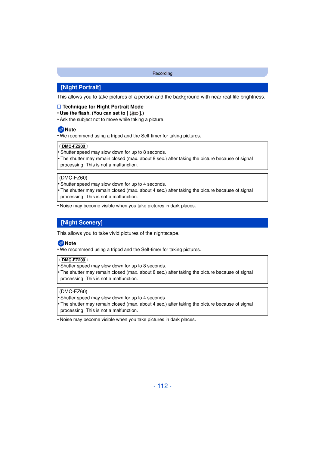 Panasonic DMC-FZ60K, DMC-FZ200K owner manual 112, Night Scenery, Technique for Night Portrait Mode 