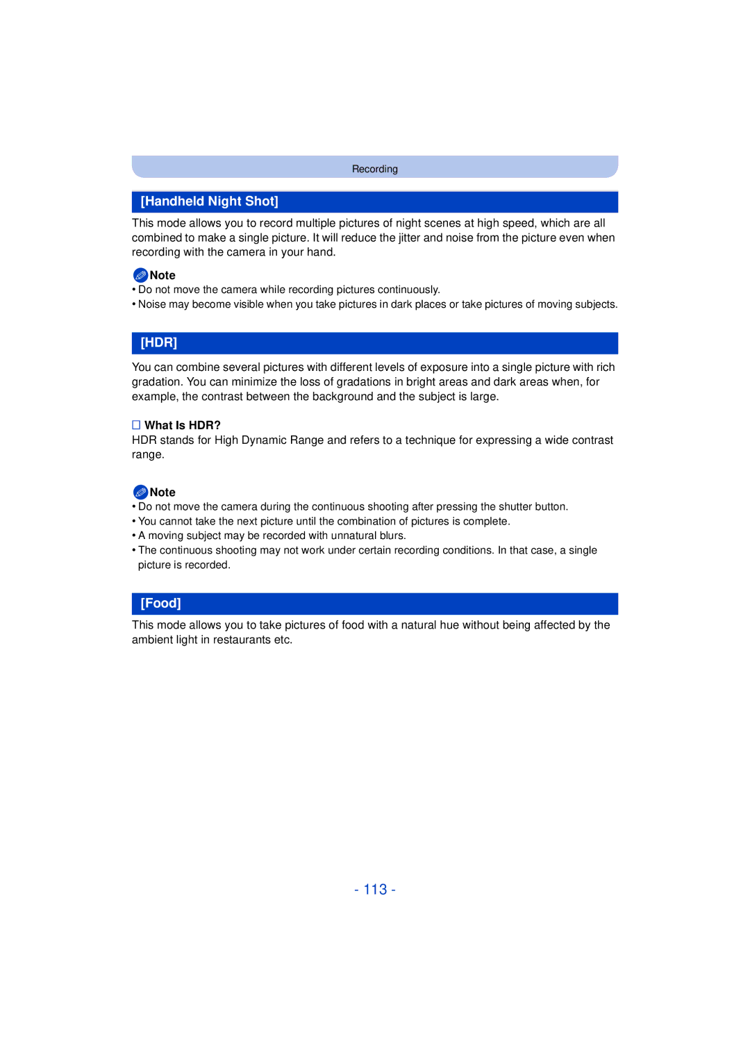 Panasonic DMC-FZ60K, DMC-FZ200K owner manual 113, Handheld Night Shot, Food, What Is HDR? 