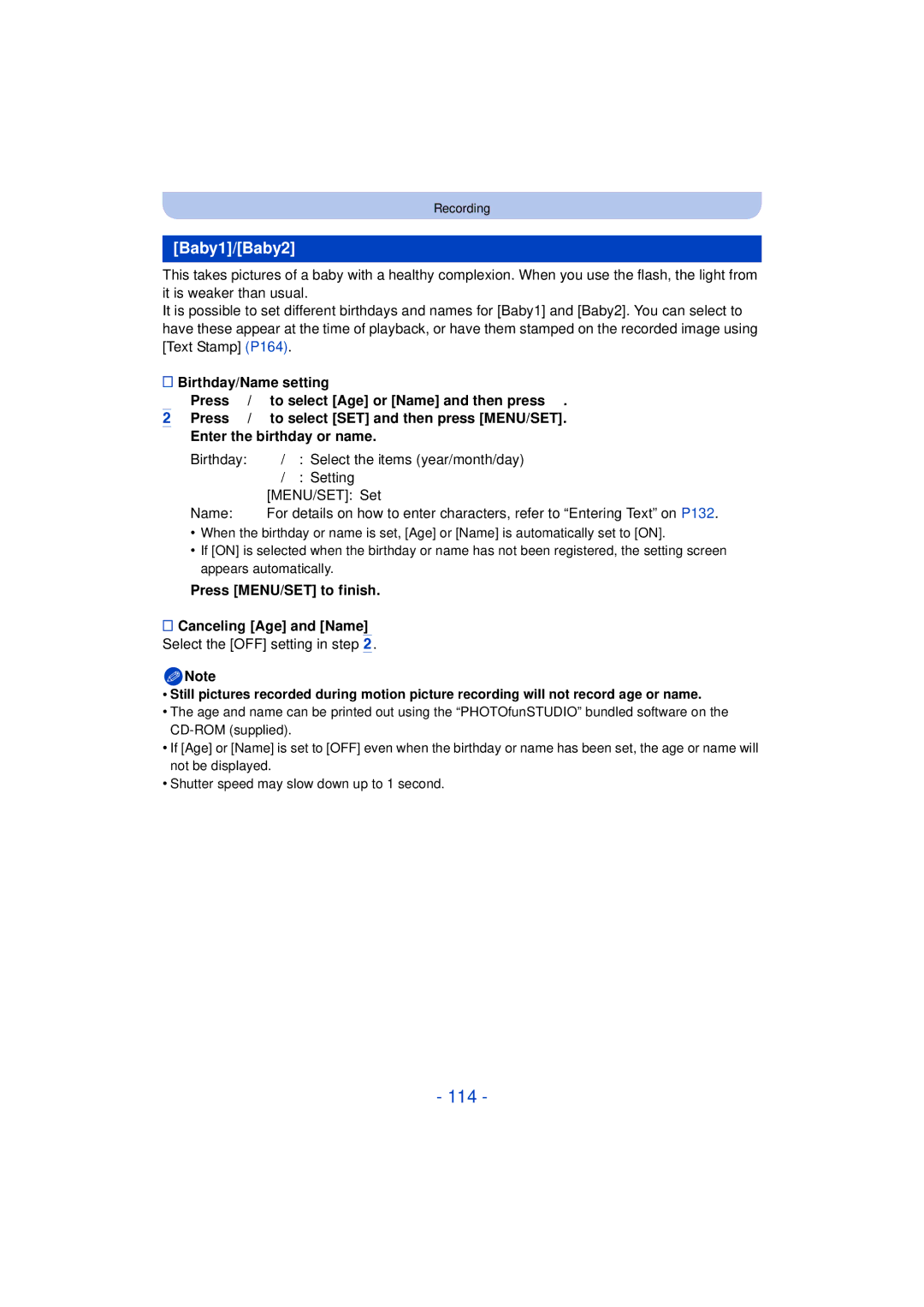 Panasonic DMC-FZ60K, DMC-FZ200K owner manual 114, Baby1/Baby2, Birthday Name 