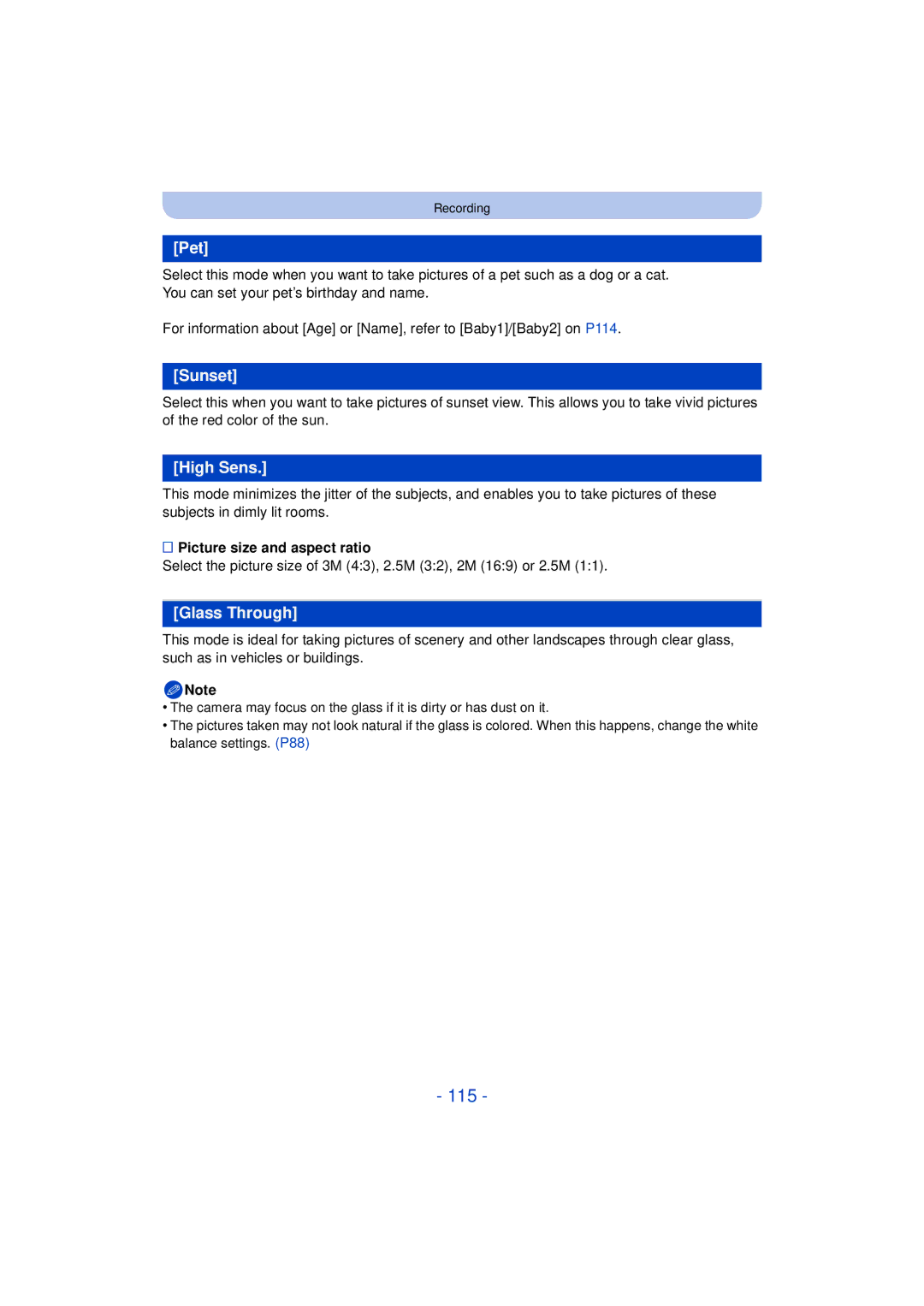 Panasonic DMC-FZ200K, DMC-FZ60K owner manual 115, Pet, Sunset, High Sens, Glass Through 