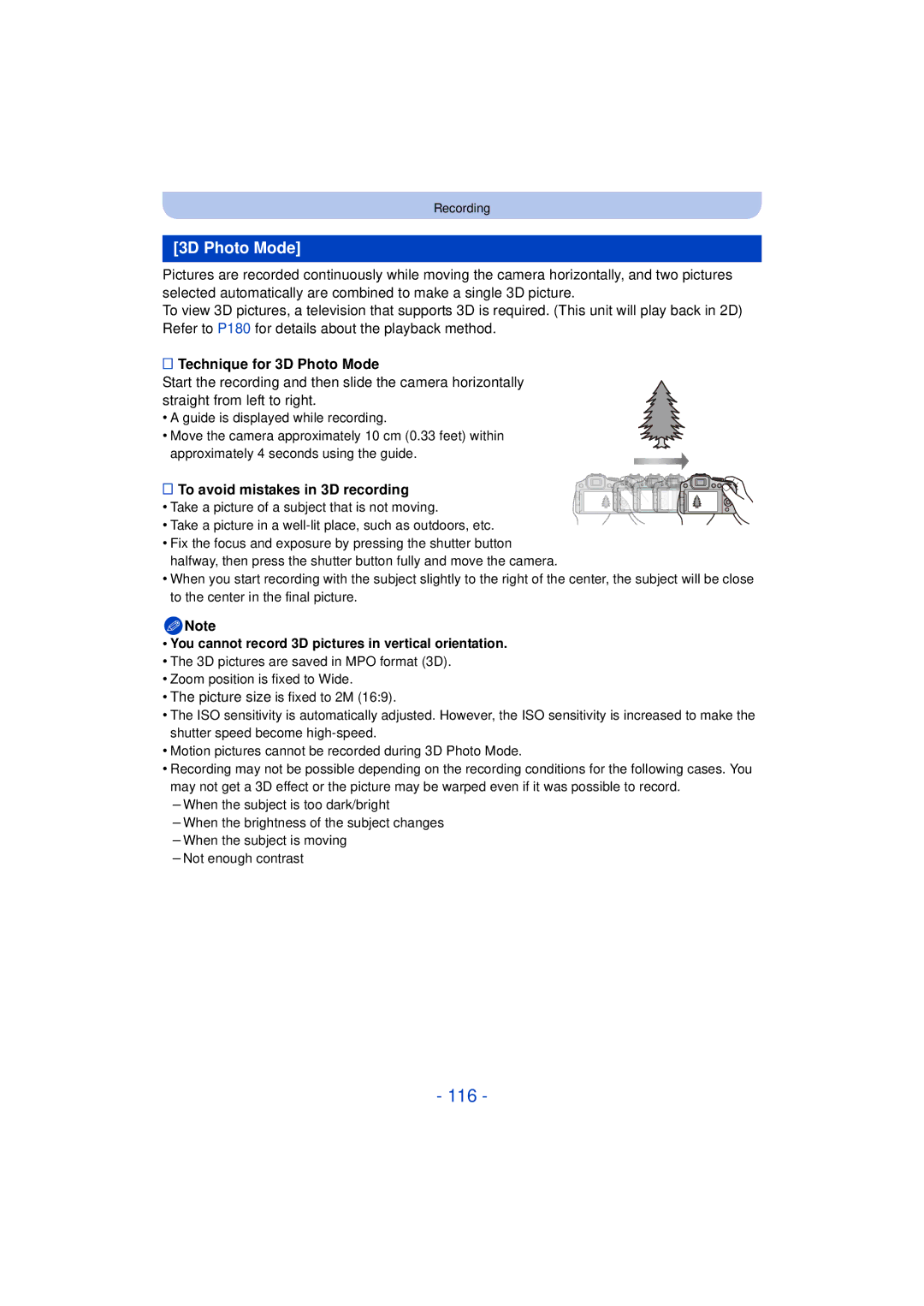 Panasonic DMC-FZ60K, DMC-FZ200K owner manual 116, Technique for 3D Photo Mode, To avoid mistakes in 3D recording 