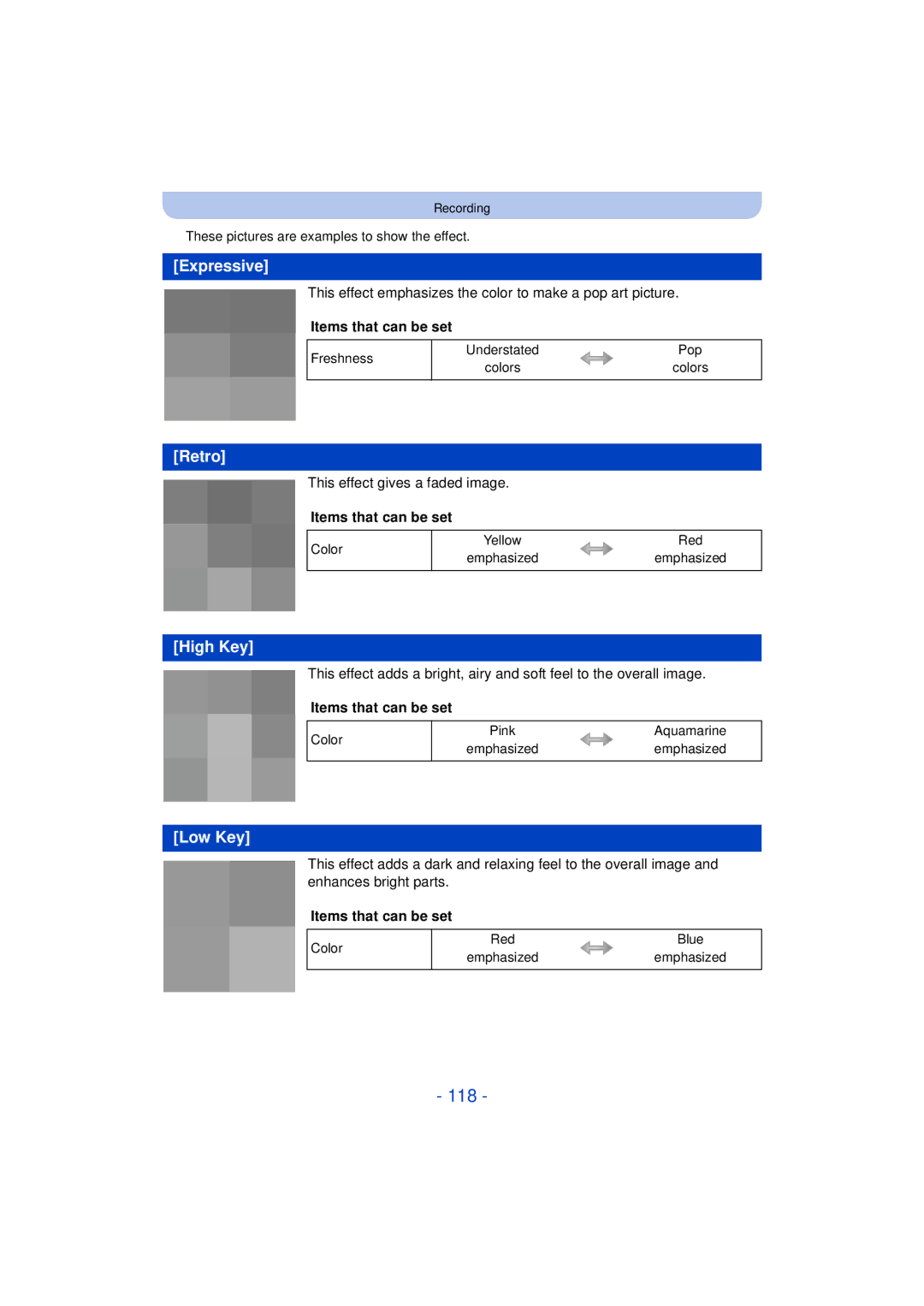Panasonic DMC-FZ60K, DMC-FZ200K owner manual 118, Expressive, Retro, High Key, Low Key 