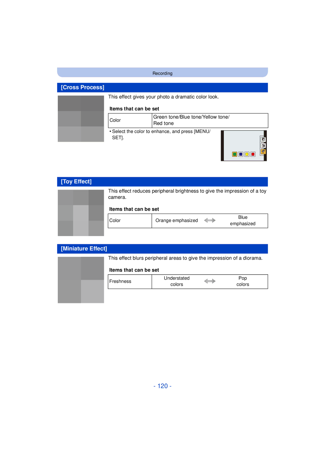 Panasonic DMC-FZ60K, DMC-FZ200K owner manual 120, Cross Process, Toy Effect, Miniature Effect 