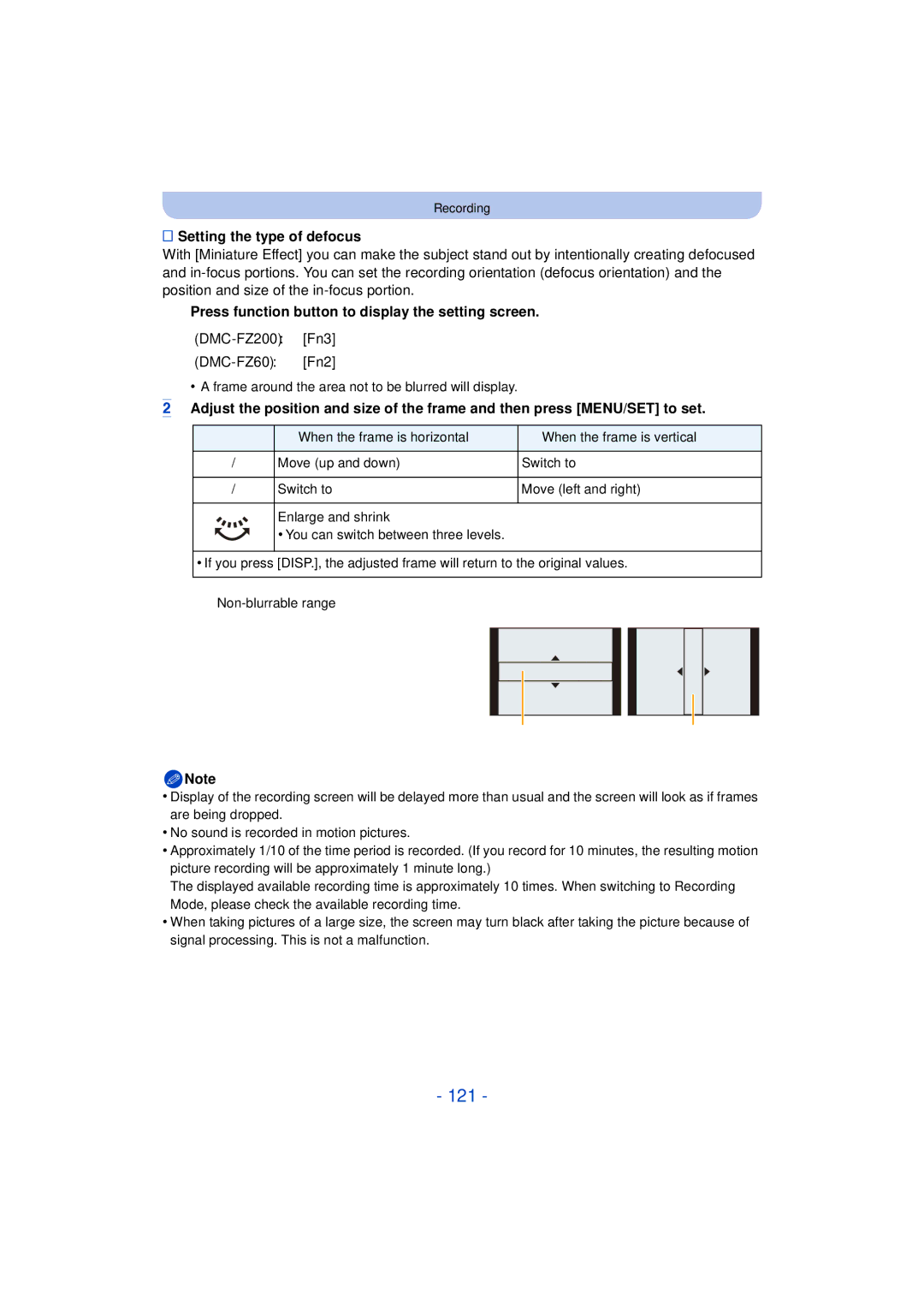 Panasonic DMC-FZ200, DMC-FZ60 121, Setting the type of defocus, Press function button to display the setting screen 