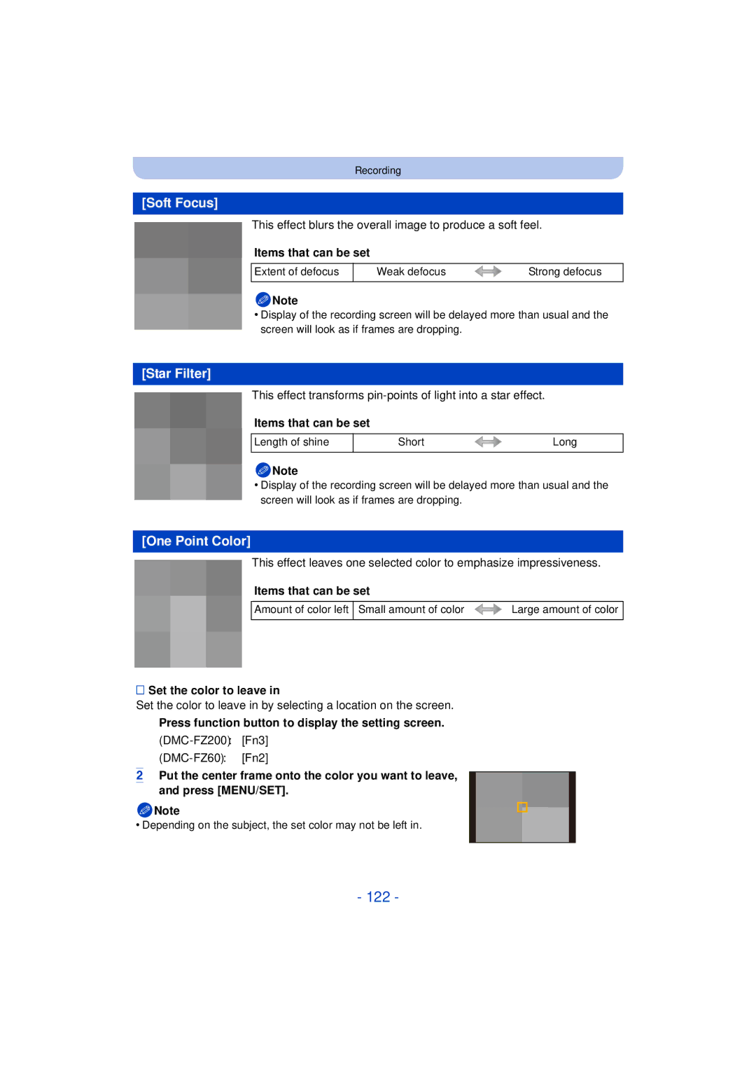 Panasonic DMC-FZ60K, DMC-FZ200K owner manual 122, Soft Focus, Star Filter, One Point Color, Set the color to leave 