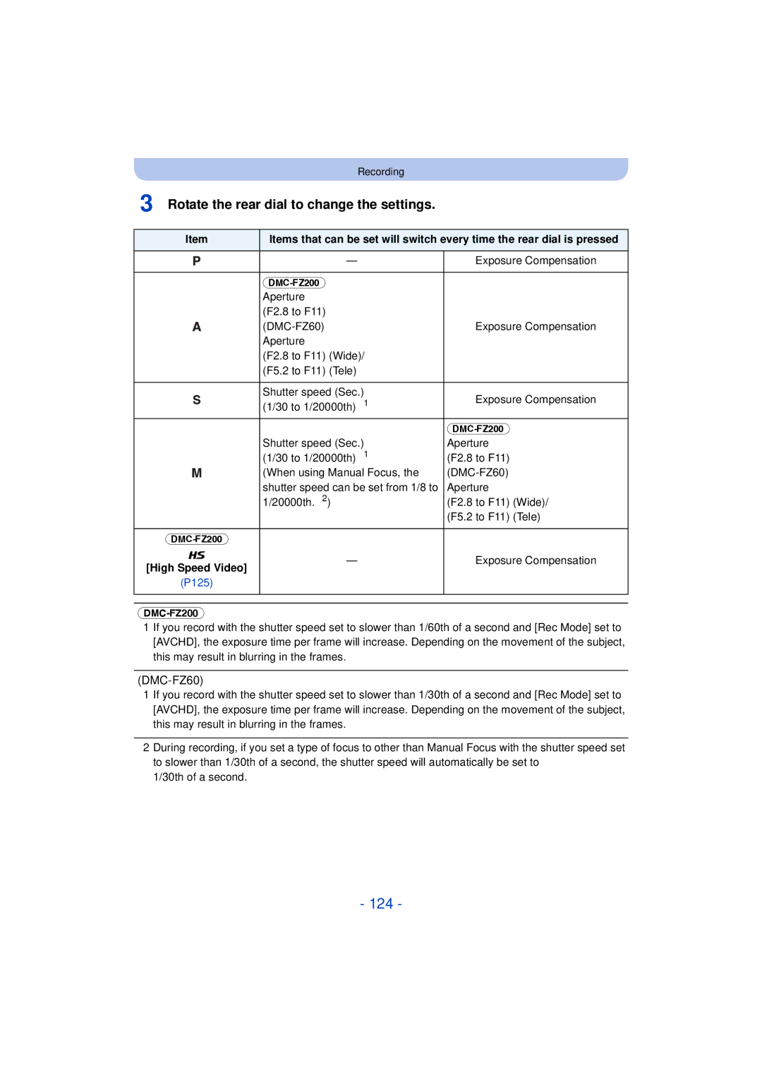 Panasonic DMC-FZ60K, DMC-FZ200K owner manual 124, Rotate the rear dial to change the settings 