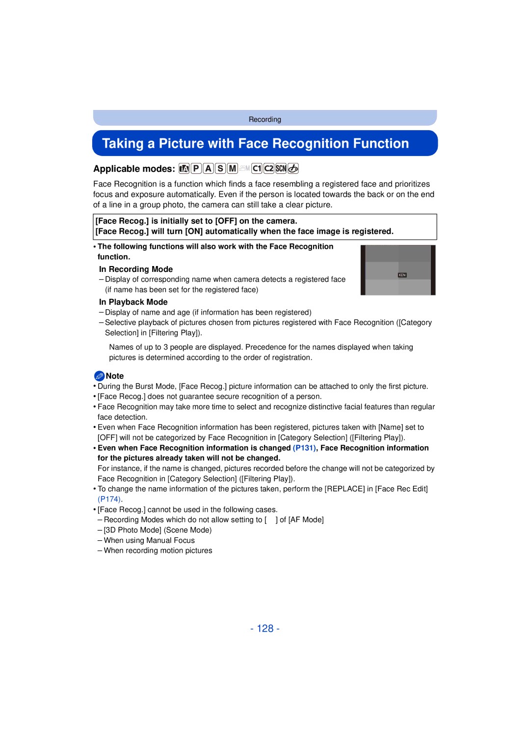 Panasonic DMC-FZ60K, DMC-FZ200K owner manual Taking a Picture with Face Recognition Function, 128, Recording Mode 