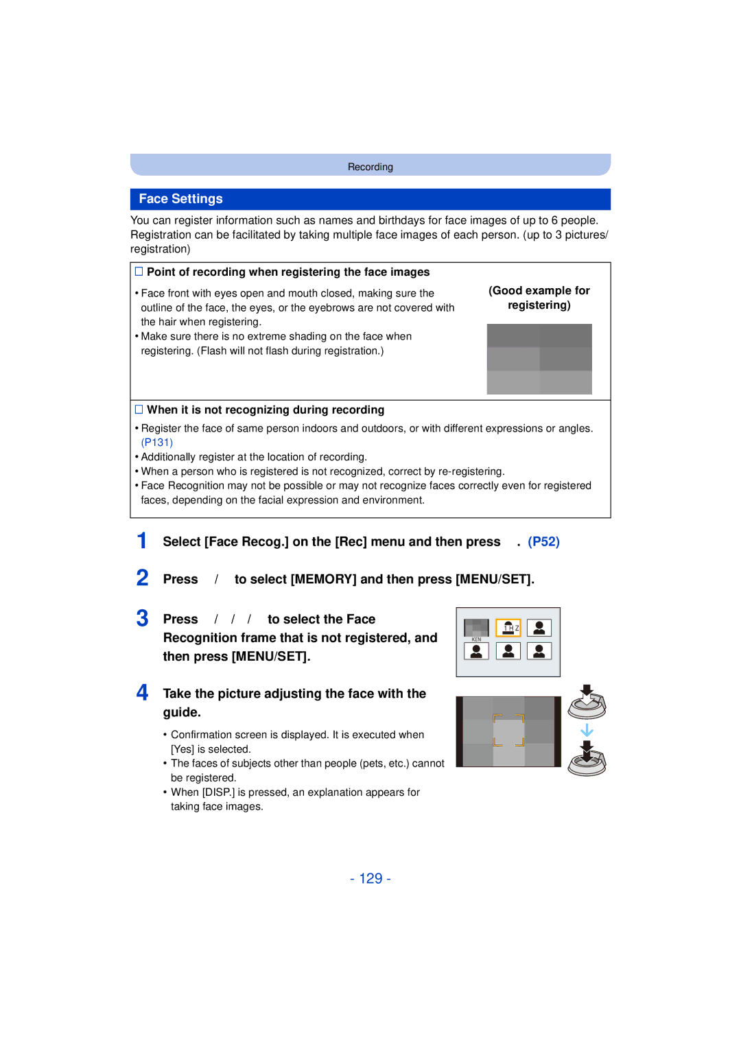 Panasonic DMC-FZ60K, DMC-FZ200K owner manual 129, Face Settings, Take the picture adjusting the face with the guide 