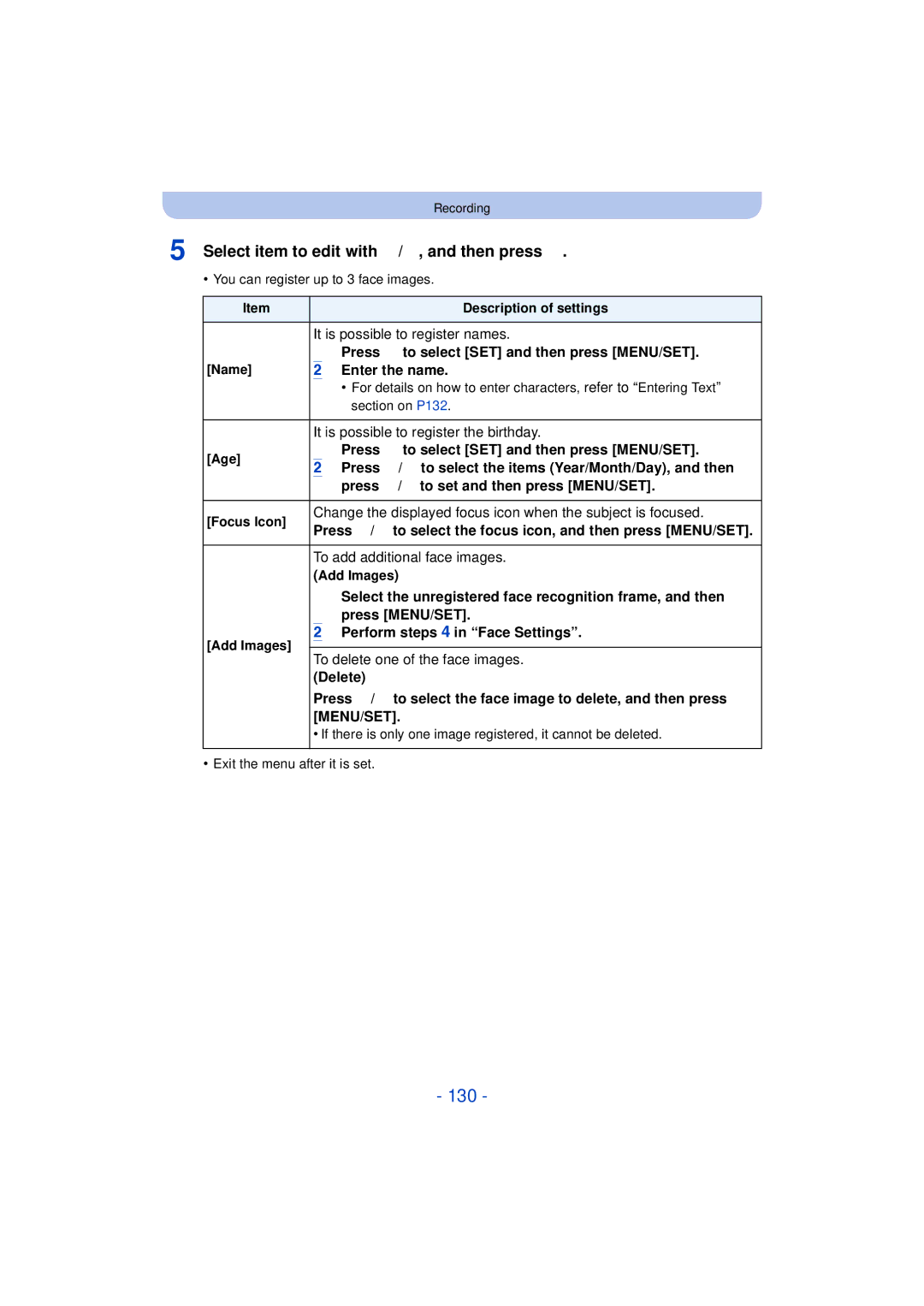 Panasonic DMC-FZ60K, DMC-FZ200K owner manual 130, Select item to edit with 3/4, and then press 