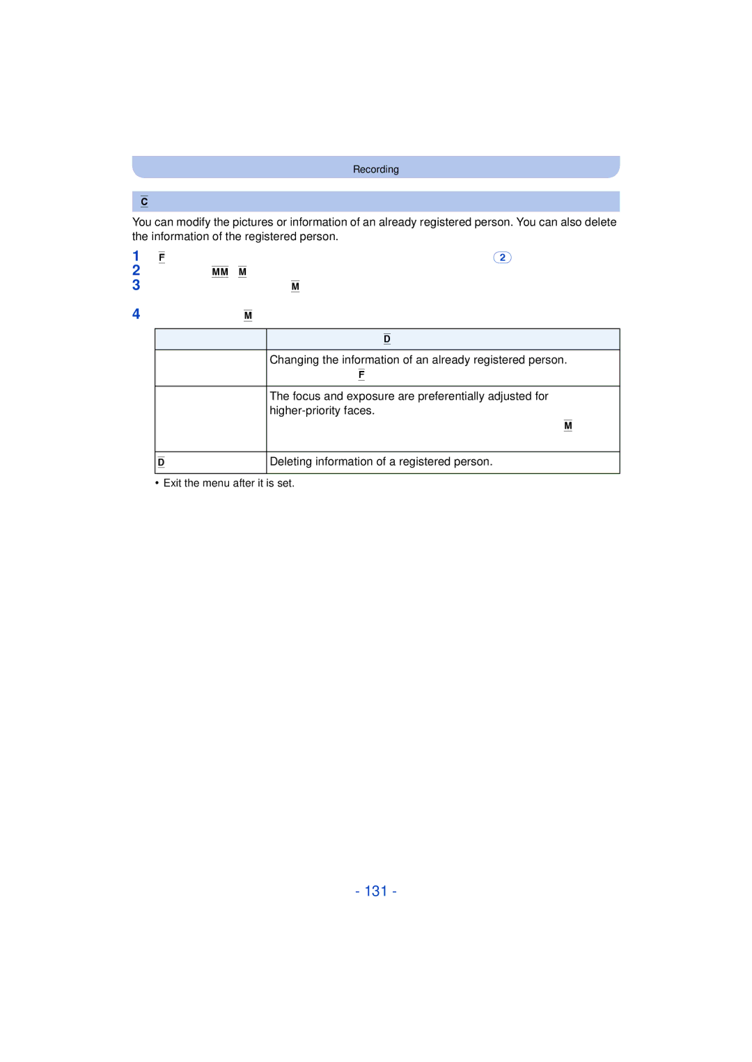 Panasonic DMC-FZ200K, DMC-FZ60 131, Change or delete the information for a registered person, Perform in Face Settings 