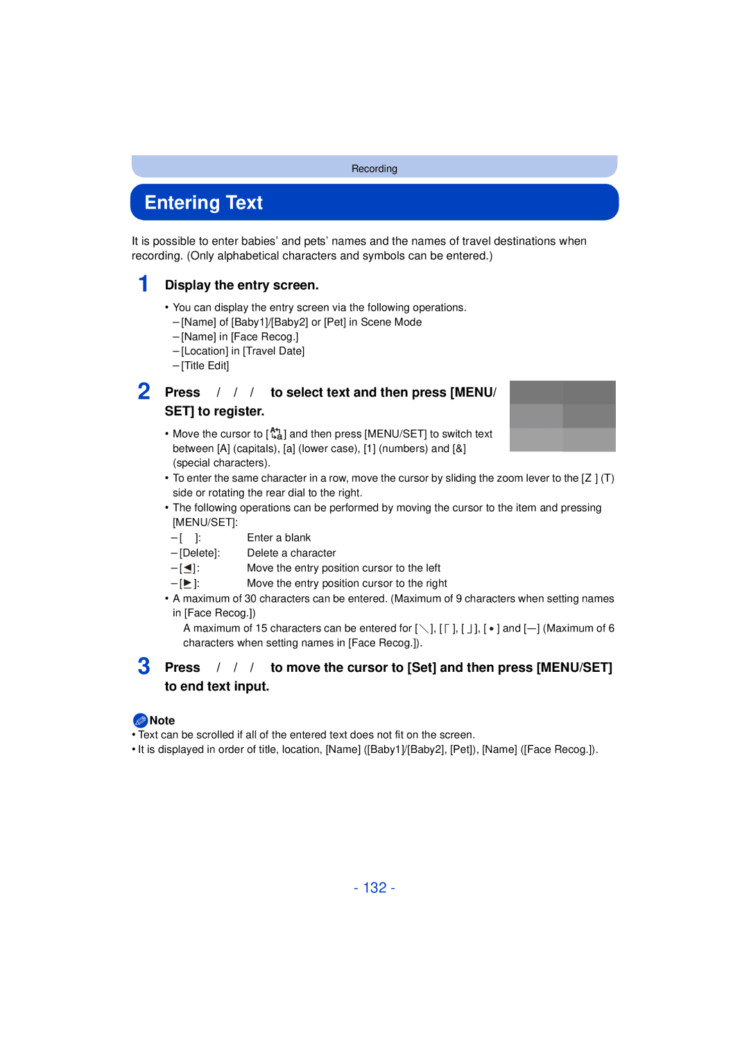 Panasonic DMC-FZ60K, DMC-FZ200K owner manual Entering Text, 132, Display the entry screen 