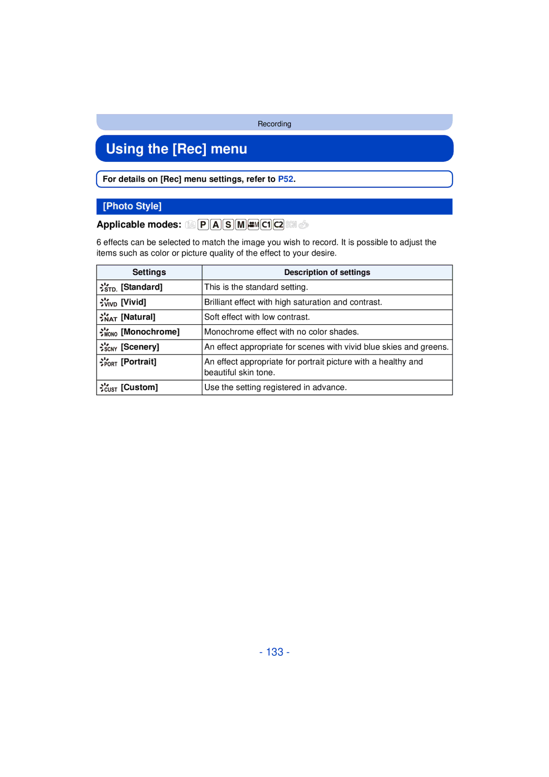 Panasonic DMC-FZ200, DMC-FZ60 Using the Rec menu, 133, Photo Style, For details on Rec menu settings, refer to P52 