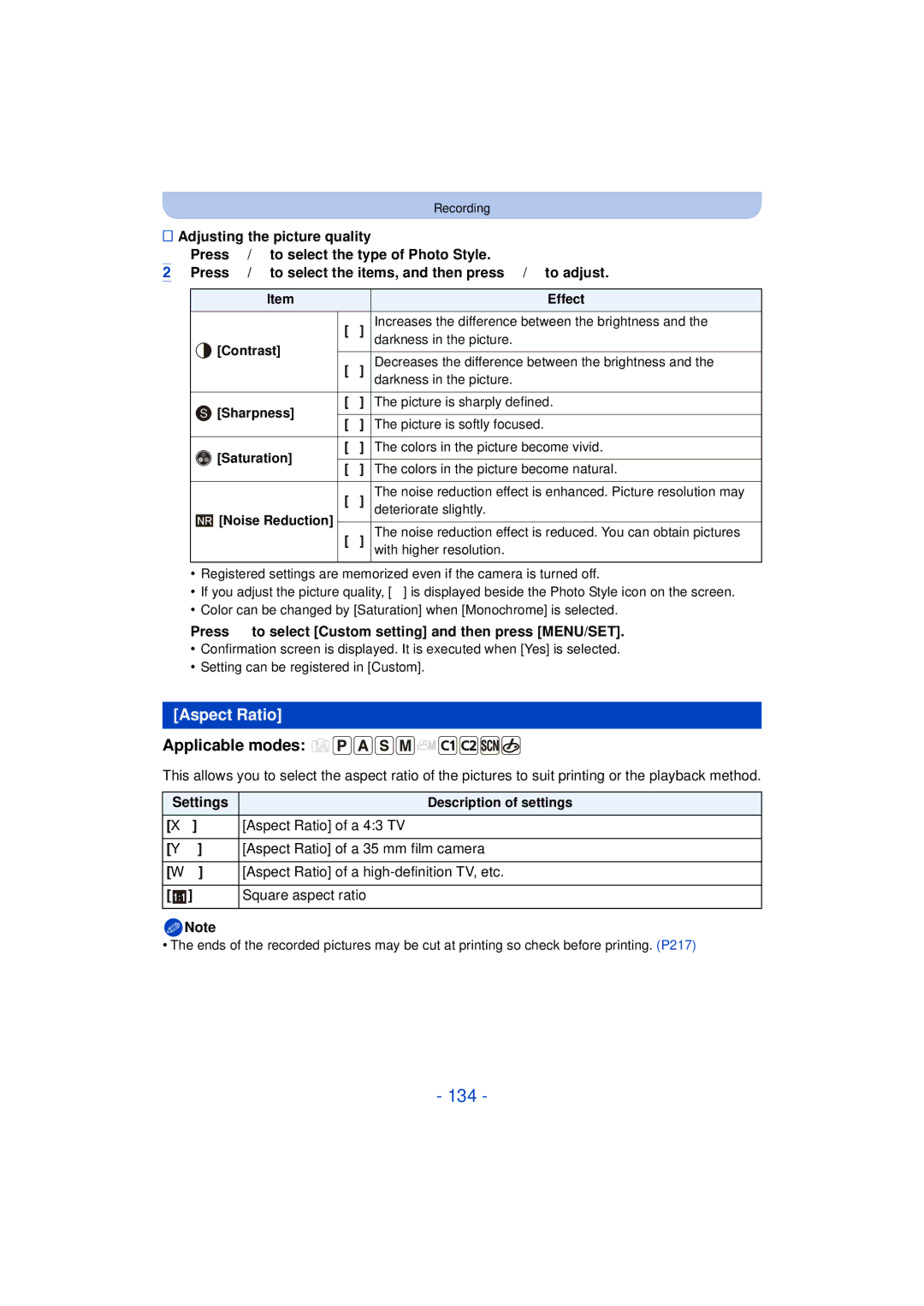 Panasonic DMC-FZ60K, DMC-FZ200K owner manual 134, Aspect Ratio 