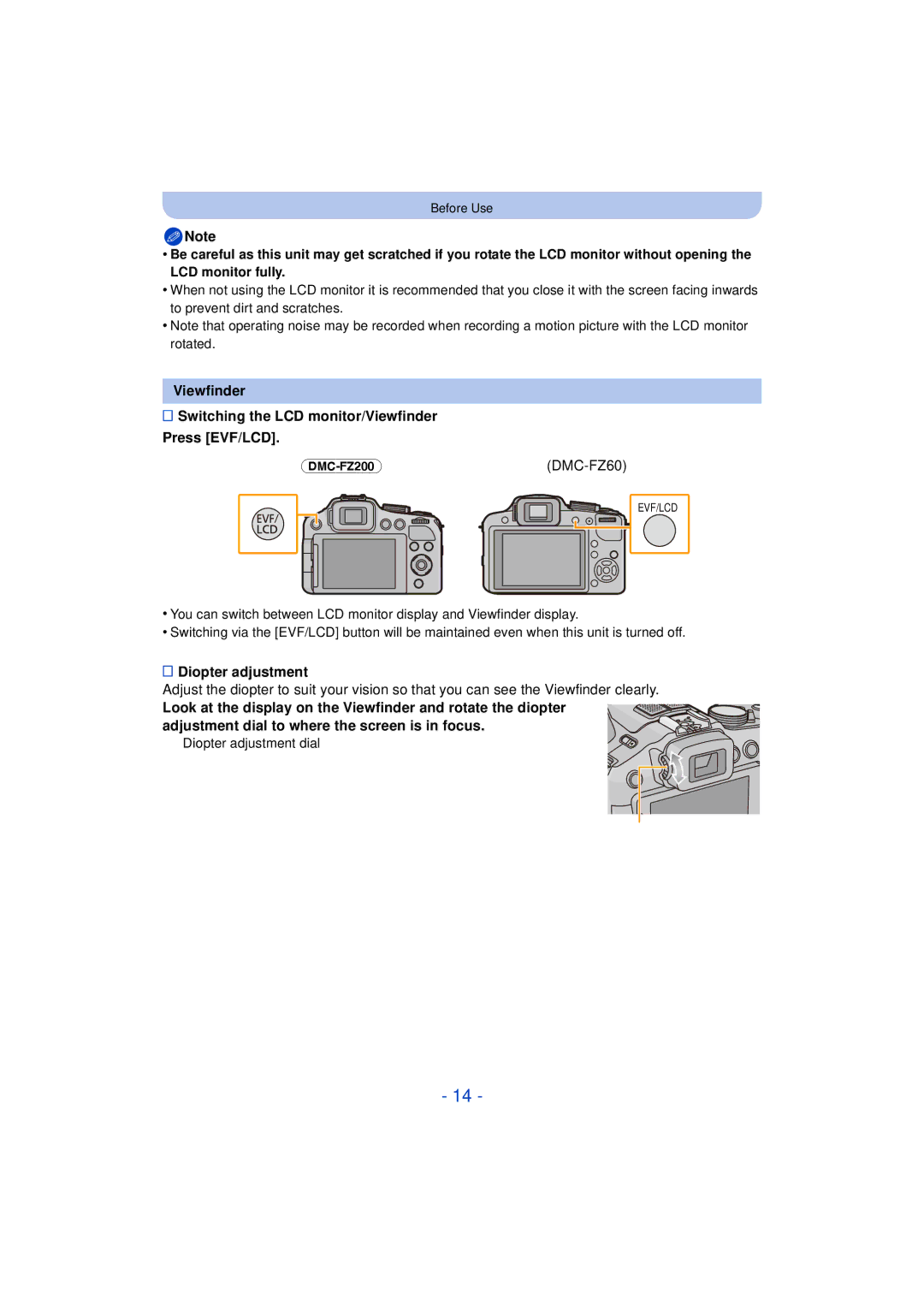 Panasonic DMC-FZ60K, DMC-FZ200K owner manual Diopter adjustment 