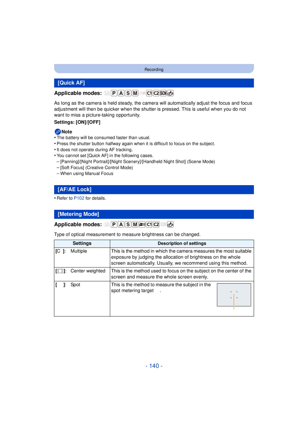 Panasonic DMC-FZ60K, DMC-FZ200K owner manual 140, Quick AF, AF/AE Lock, Metering Mode 