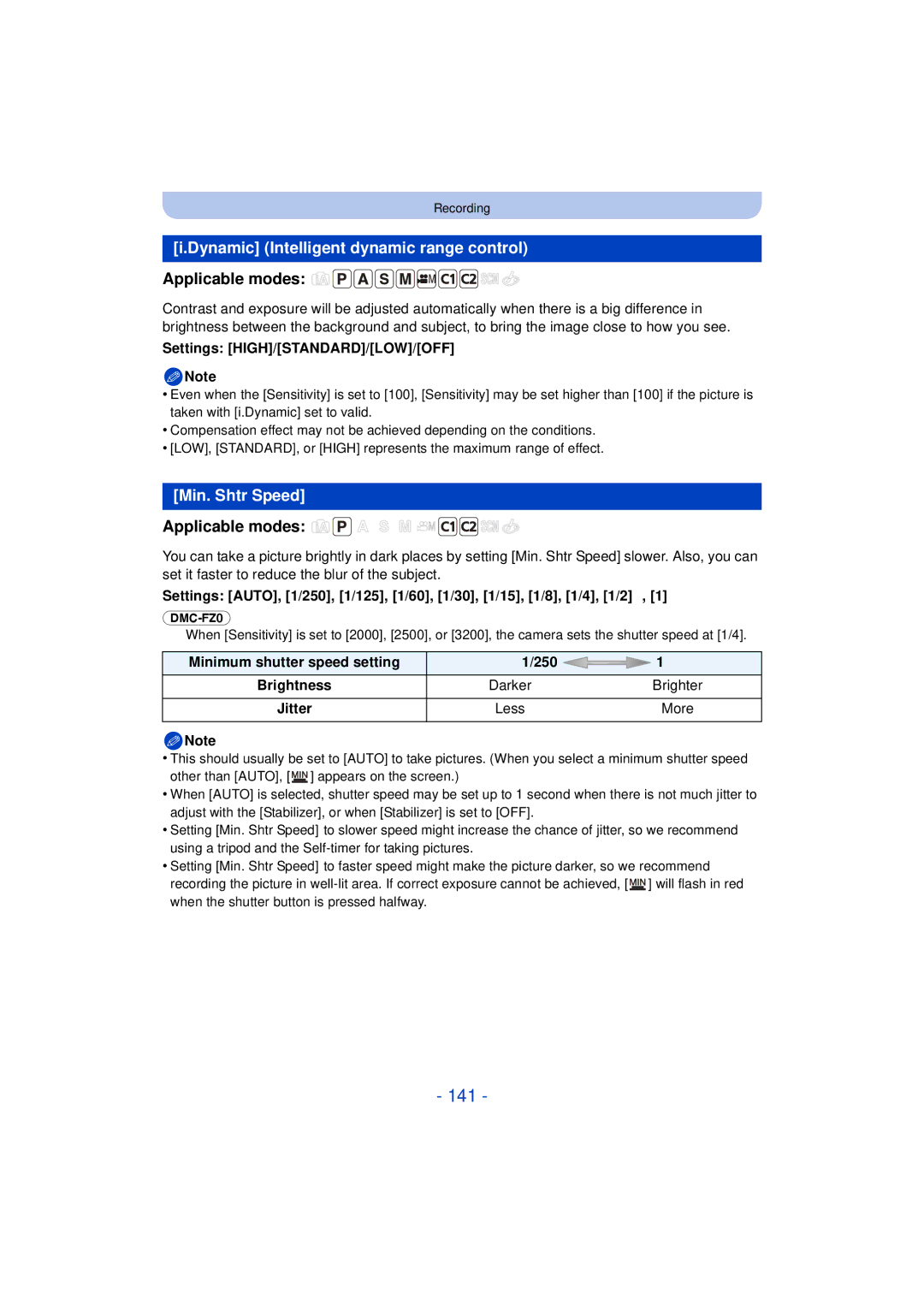 Panasonic DMC-FZ60K, DMC-FZ200K owner manual 141, Dynamic Intelligent dynamic range control, Min. Shtr Speed 