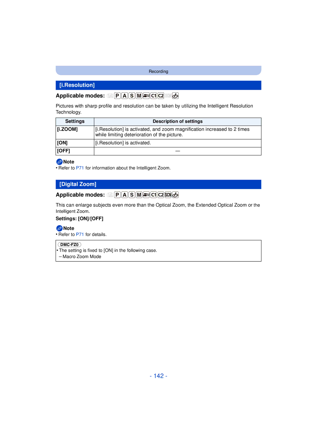 Panasonic DMC-FZ60K, DMC-FZ200K owner manual 142, Resolution, Digital Zoom 