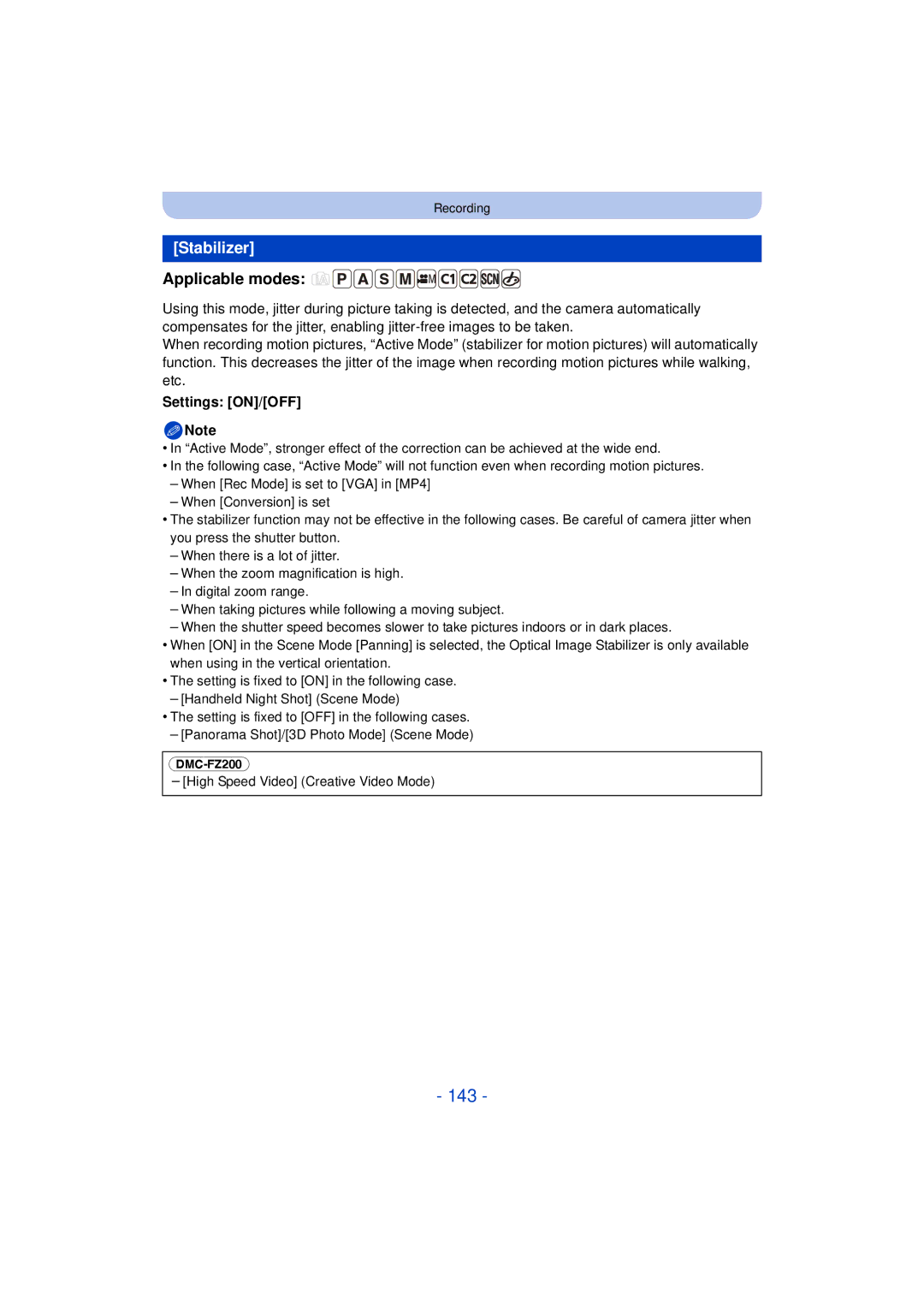 Panasonic DMC-FZ200K, DMC-FZ60K owner manual 143, Stabilizer 