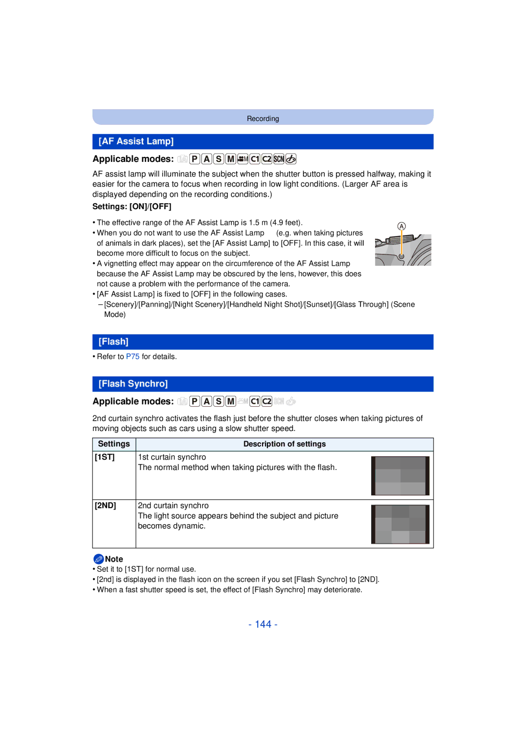 Panasonic DMC-FZ60K, DMC-FZ200K owner manual 144, AF Assist Lamp, Flash Synchro 