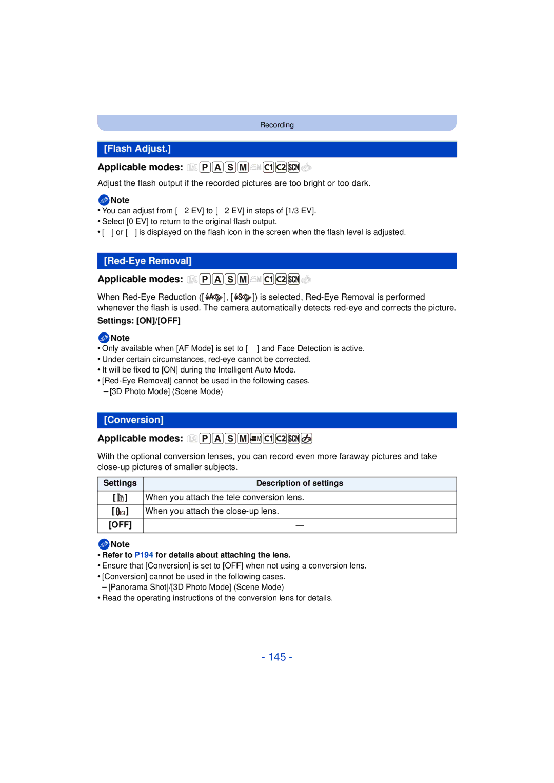 Panasonic DMC-FZ60K, DMC-FZ200K owner manual 145, Flash Adjust, Red-Eye Removal, Conversion 