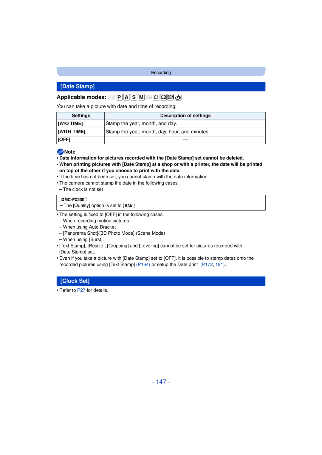 Panasonic DMC-FZ200K, DMC-FZ60K owner manual 147, Date Stamp, Clock Set, Stamp the year, month, and day 