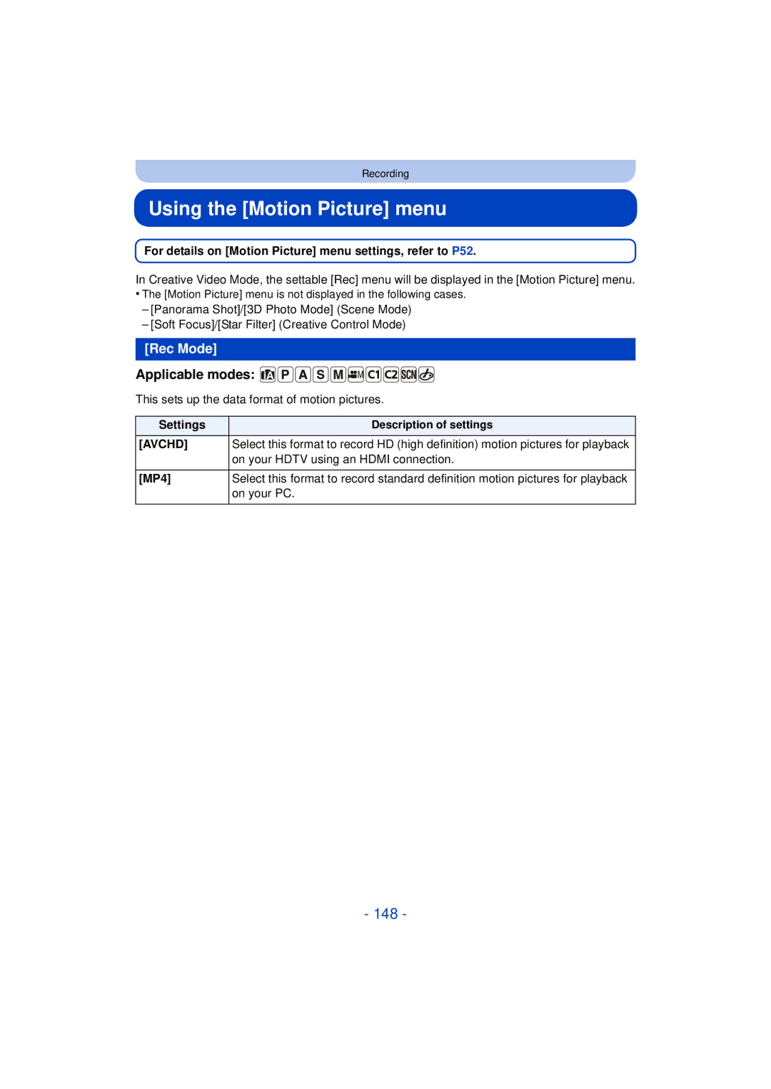 Panasonic DMC-FZ60K, DMC-FZ200K owner manual Using the Motion Picture menu, 148, Rec Mode 