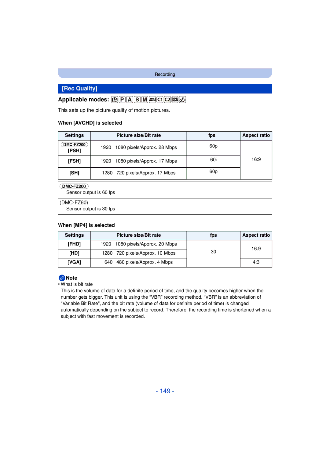 Panasonic DMC-FZ200 149, Rec Quality, This sets up the picture quality of motion pictures, When Avchd is selected 