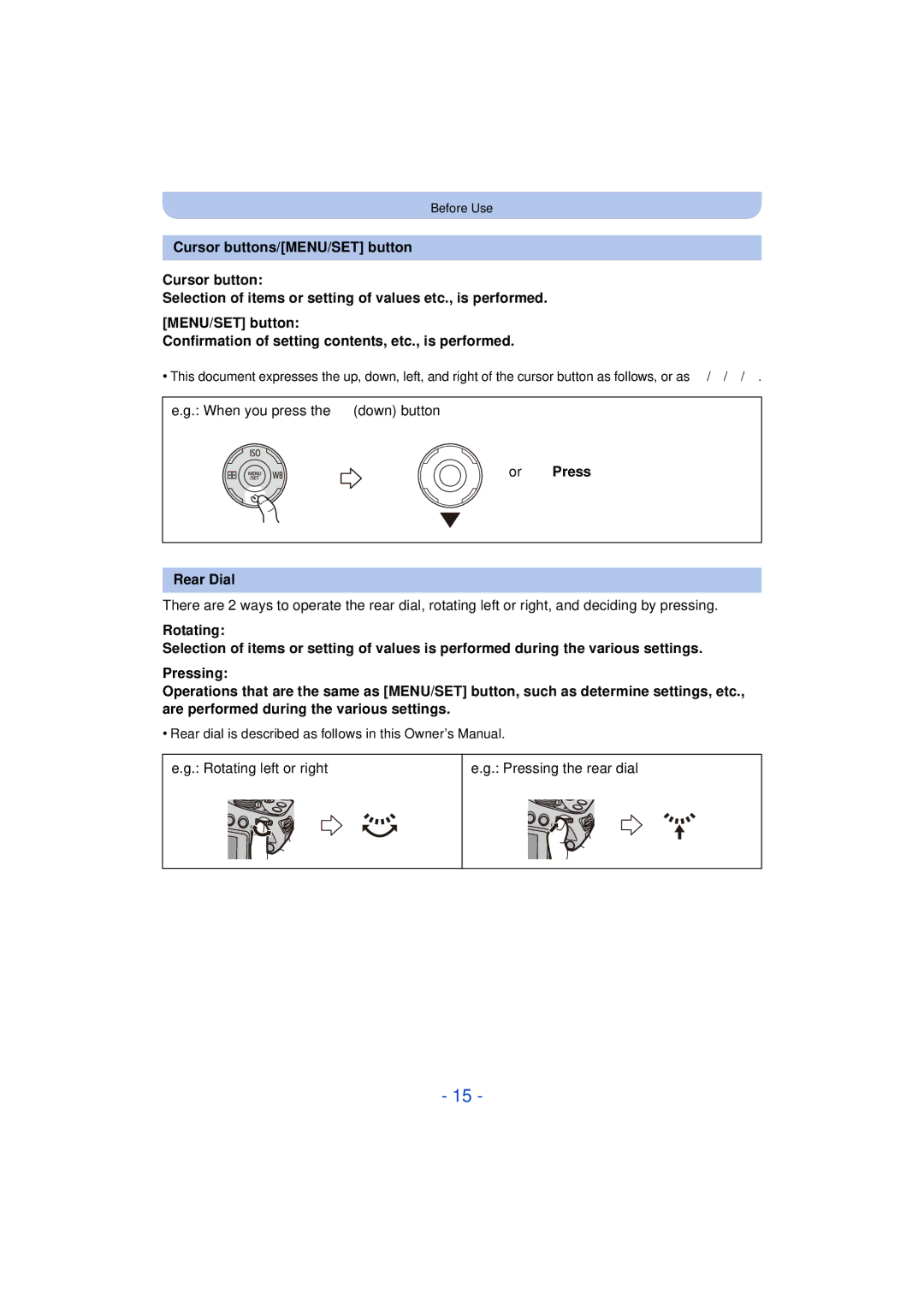 Panasonic DMC-FZ200K, DMC-FZ60K owner manual Or Press Rear Dial, Rotating left or right Pressing the rear dial 