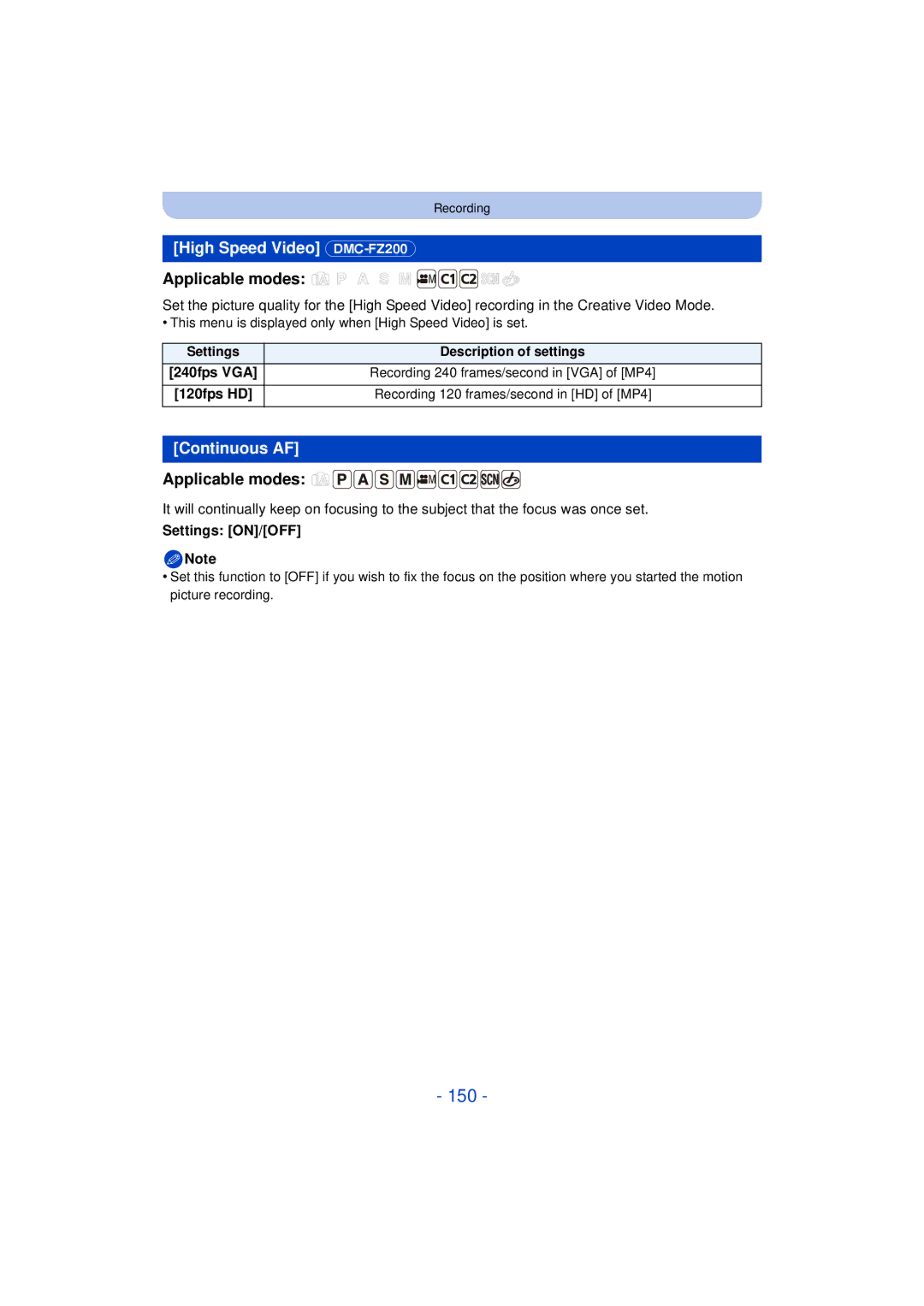 Panasonic DMC-FZ60K, DMC-FZ200K owner manual 150, High Speed Video DMC-FZ200, Continuous AF 